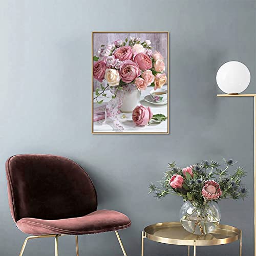 Shabby Pink & White Roses in Vase Diamond Painting Kit for Adults & Kids, 5D Full Drill Round - Chic Brico
