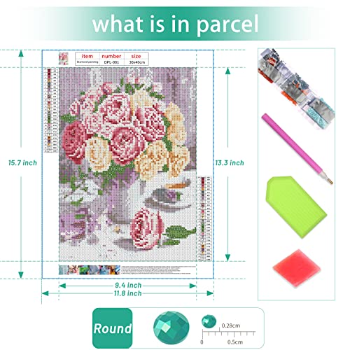 Shabby Pink & White Roses in Vase Diamond Painting Kit for Adults & Kids, 5D Full Drill Round - Chic Brico