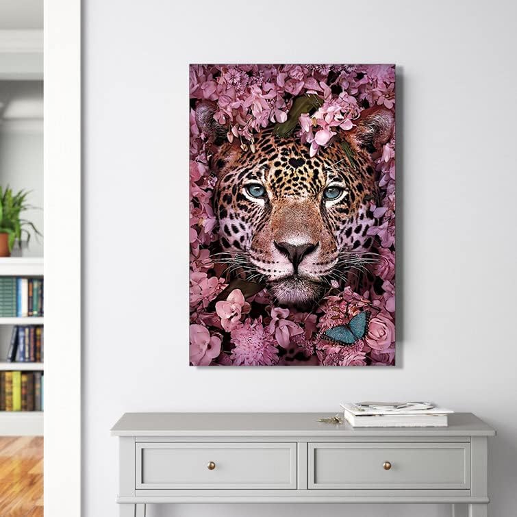 Beautiful Pink Tiger & Flowers Diamond Painting Kit for Kids & Adults, 5D Full Drill Round - Chic Brico