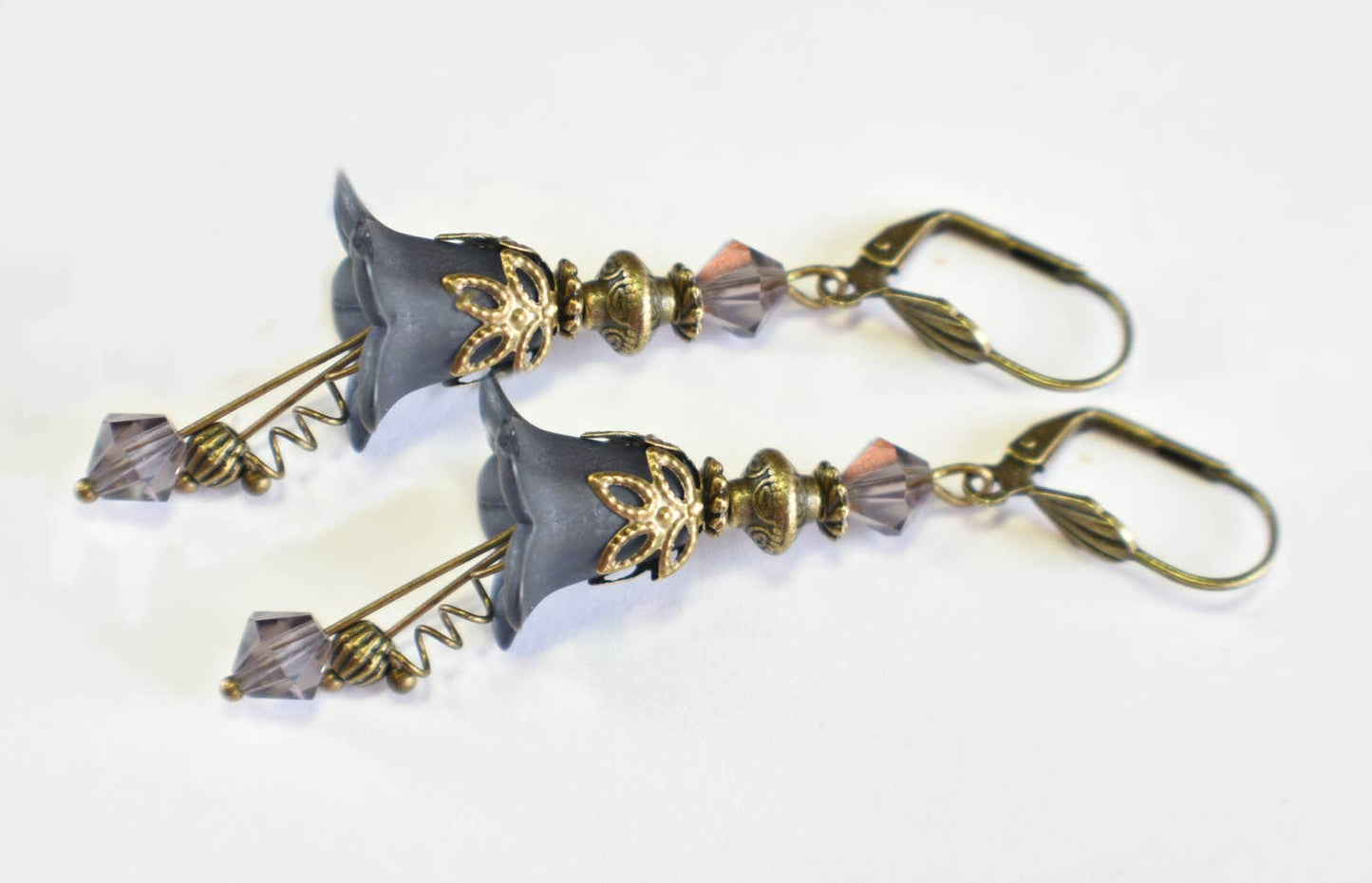 Vintage Victorian Style Dark Prussian Blue and Antique Bronze Bell Flower Lucite Earrings - Chic Brico