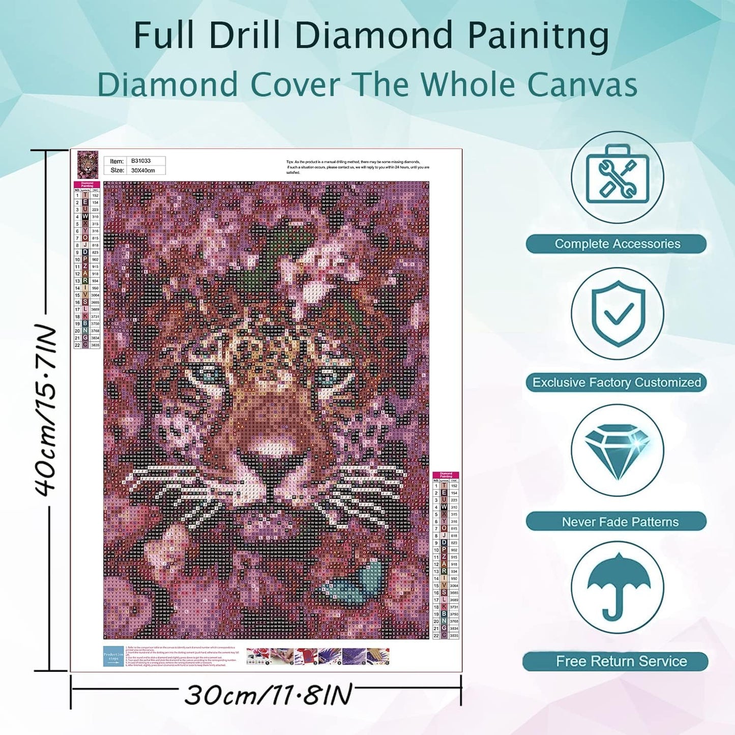 Beautiful Pink Tiger & Flowers Diamond Painting Kit for Kids & Adults, 5D Full Drill Round - Chic Brico
