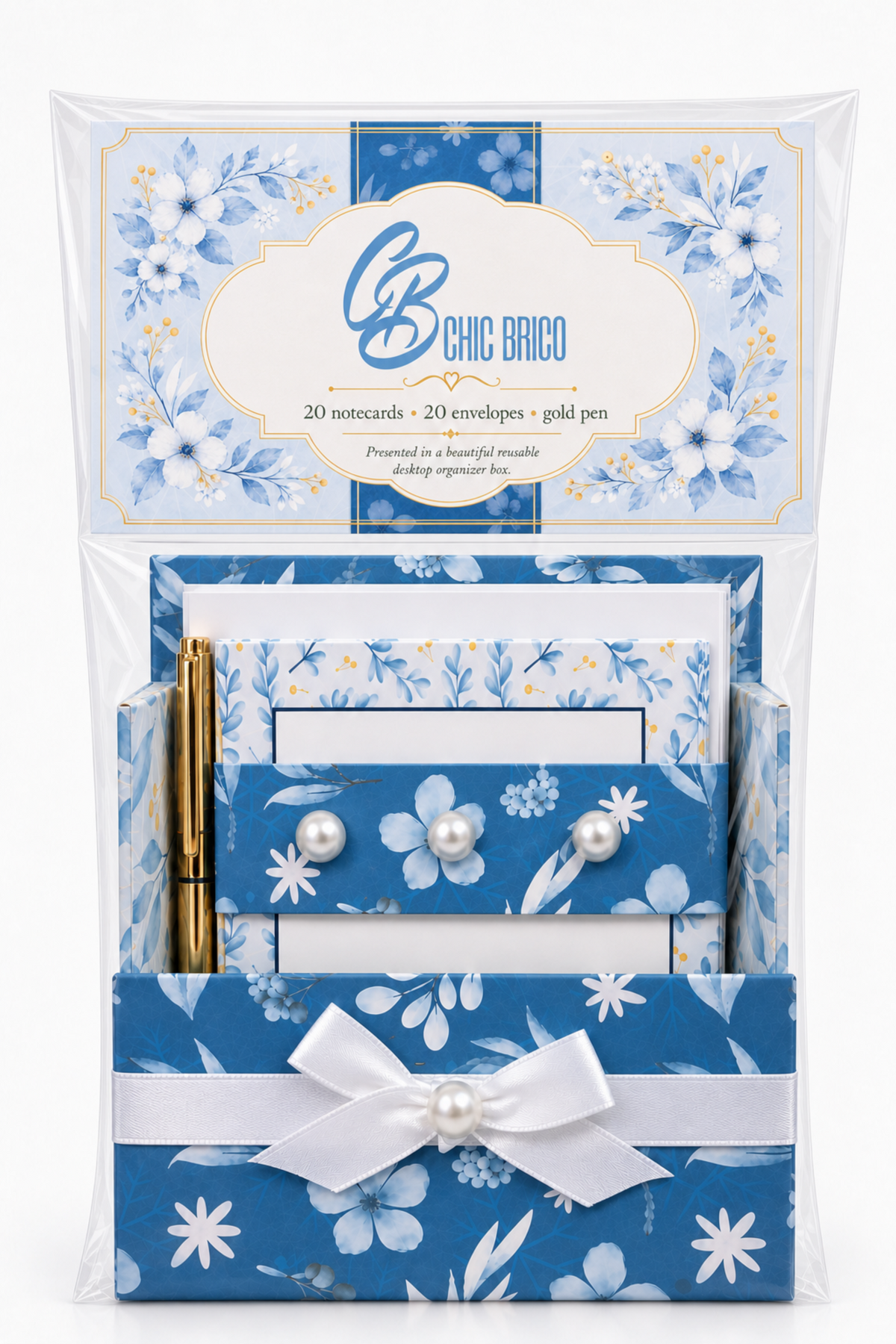 Blue Botanical Bliss Boxed Stationery Set – 20 Notecards, 20 Envelopes & Gold Pen