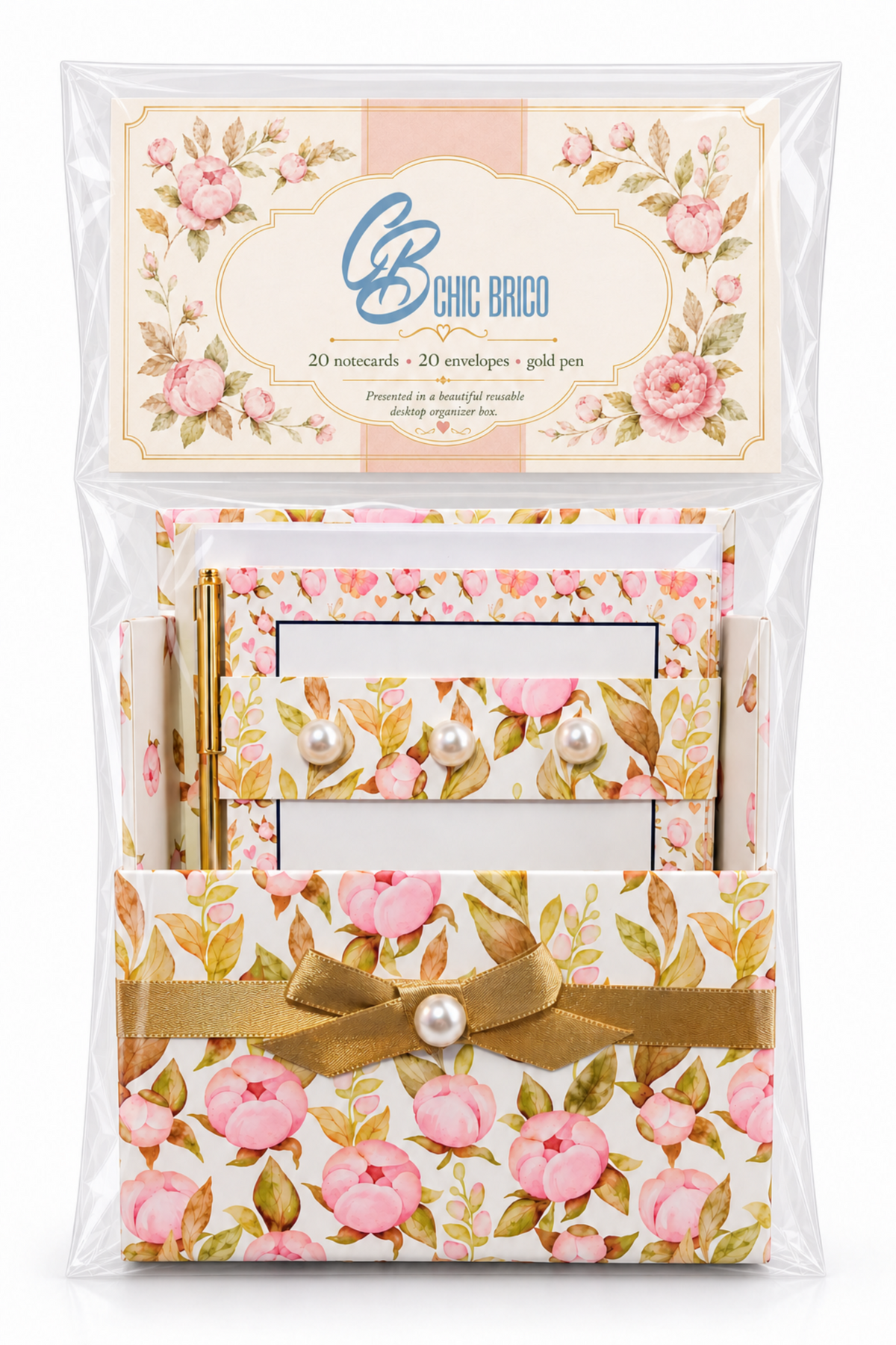 Golden Blush Magnolias Boxed Stationery Set – 20 Notecards, 20 Envelopes & Gold Pen