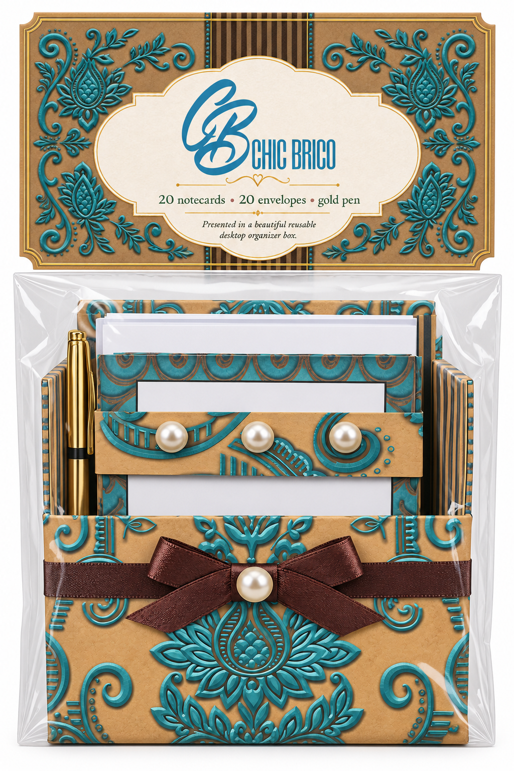 Antique Turquoise Boxed Stationery Set - 20 Notecards, 20 Envelopes & Gold Pen