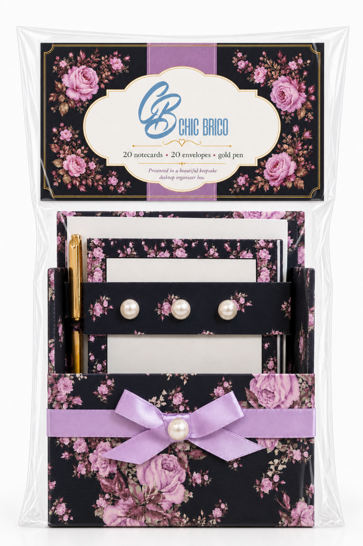Lavender After Dark Boxed Stationery Set – 20 Notecards, 20 Envelopes & Gold Pen