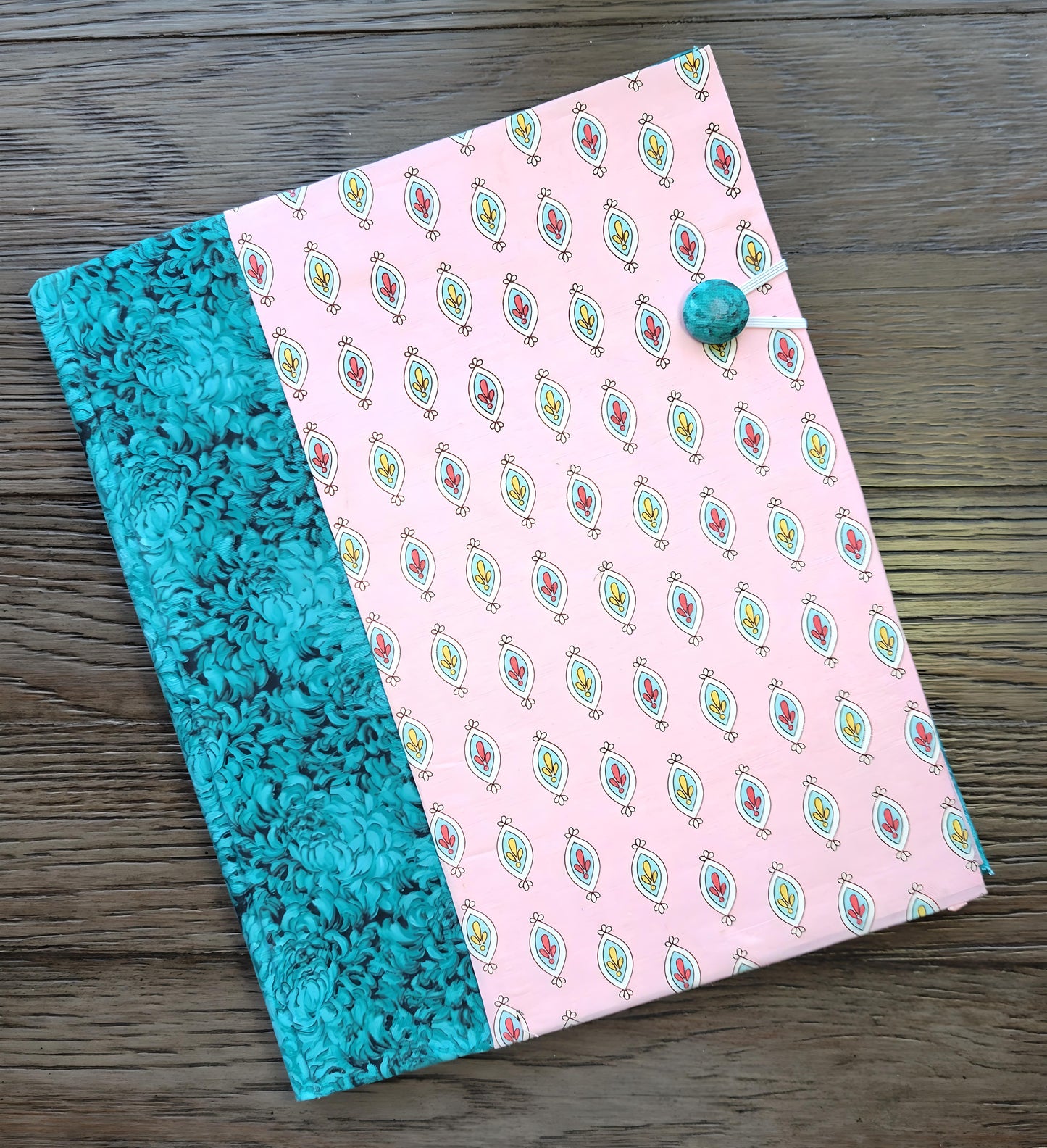 Fabric Covered Hardcover Reusable Notebook Composition Book Cover - Aqua and Pink Charms - Chic Brico