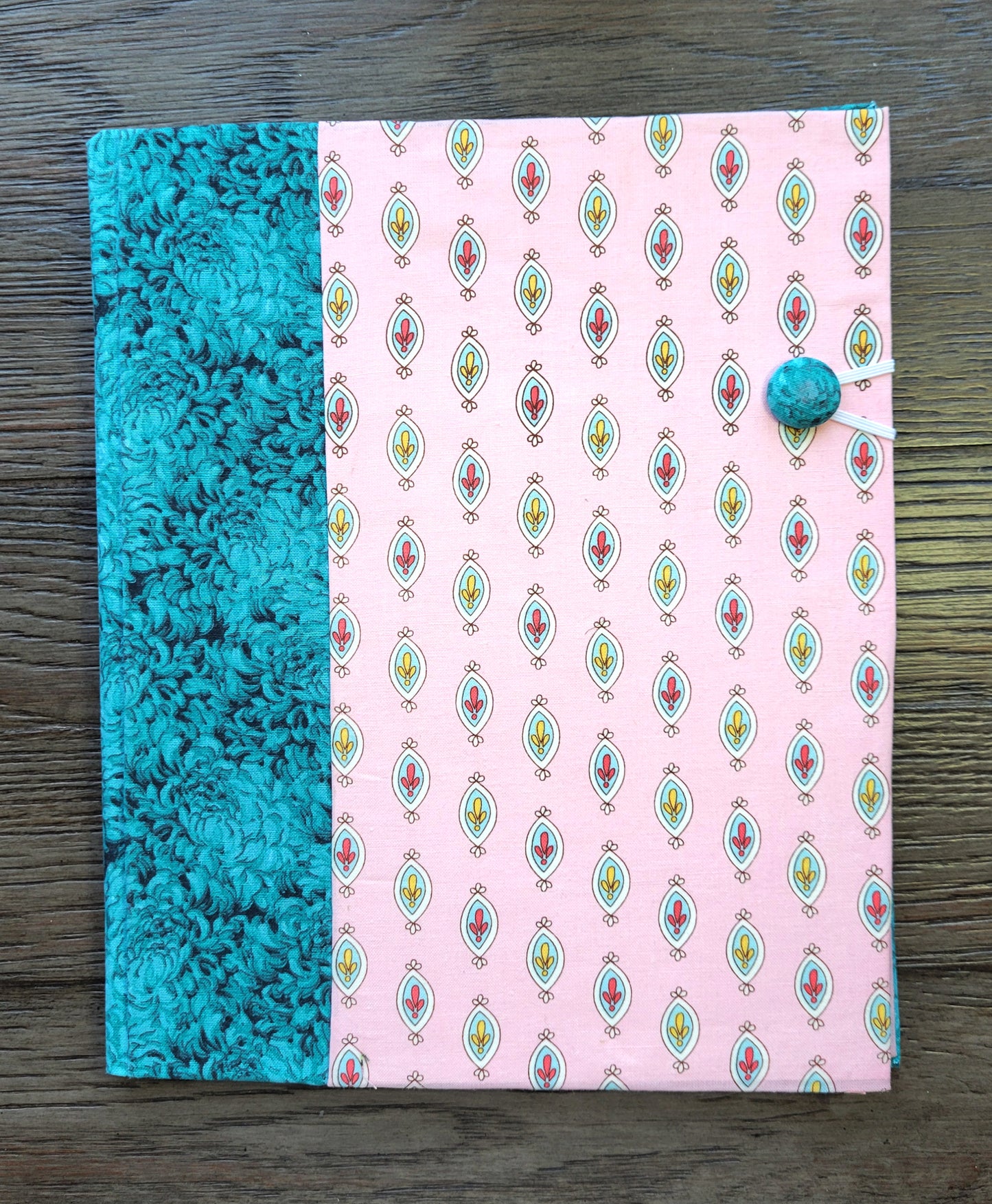 Fabric Covered Hardcover Reusable Notebook Composition Book Cover - Aqua and Pink Charms - Chic Brico