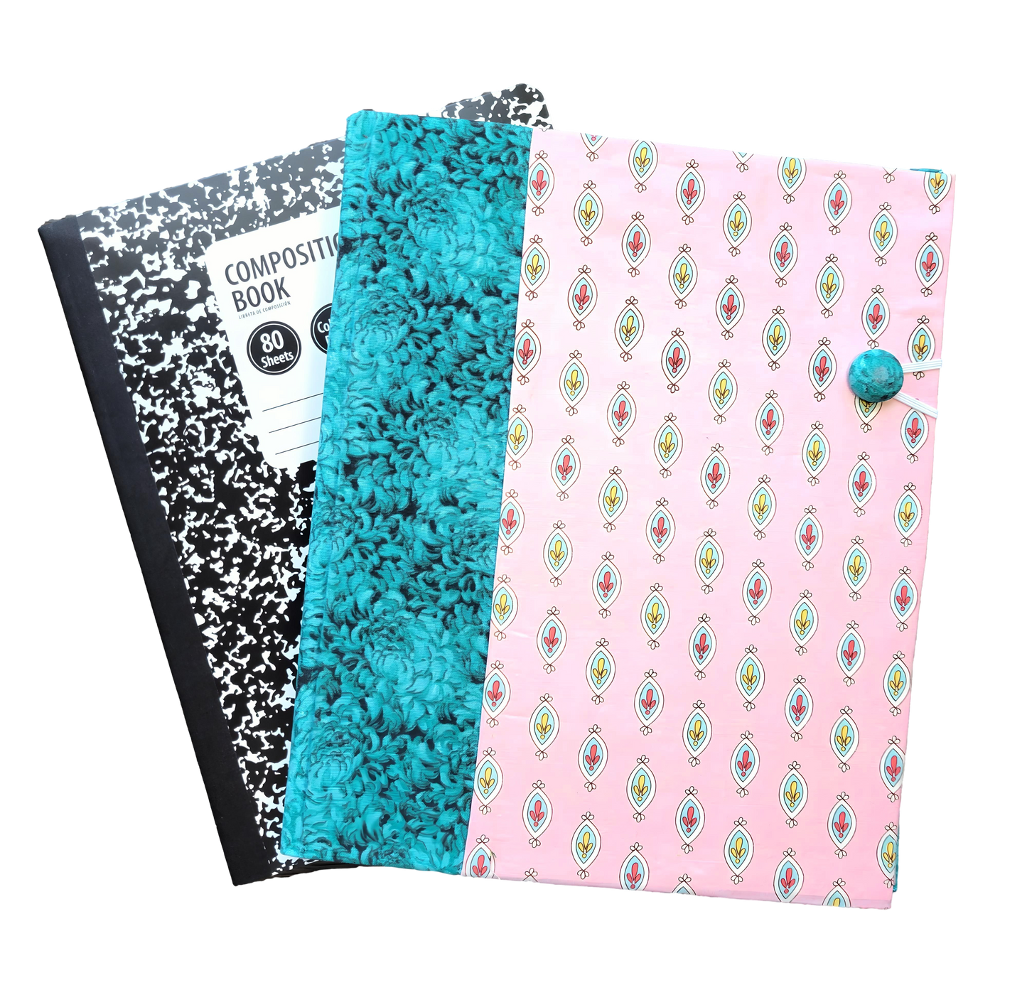Fabric Covered Hardcover Reusable Notebook Composition Book Cover - Aqua and Pink Charms - Chic Brico