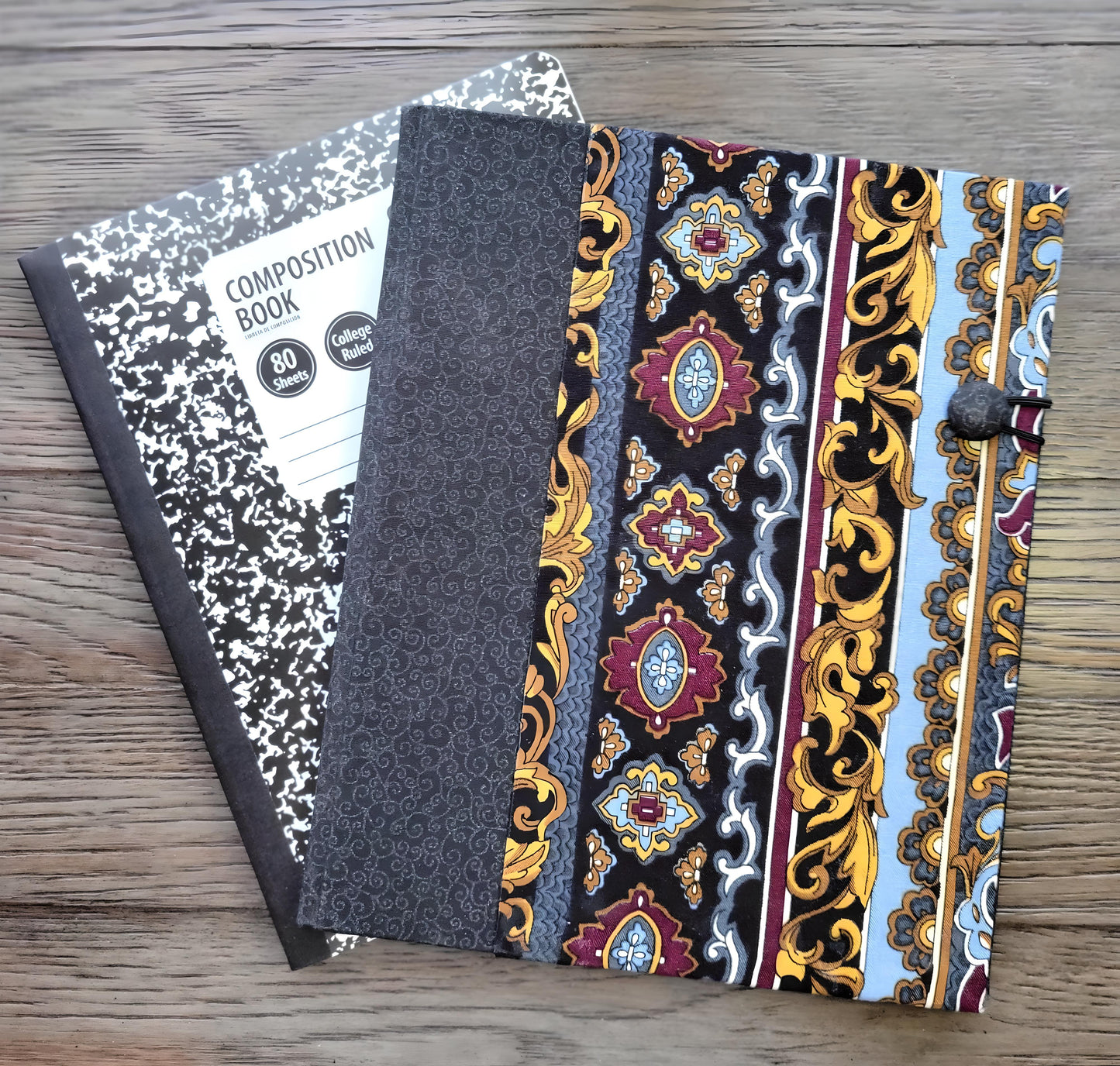 Fabric Covered Hardcover Notebook Composition Book Cover - Dark Gray, Red, Blue and Gold