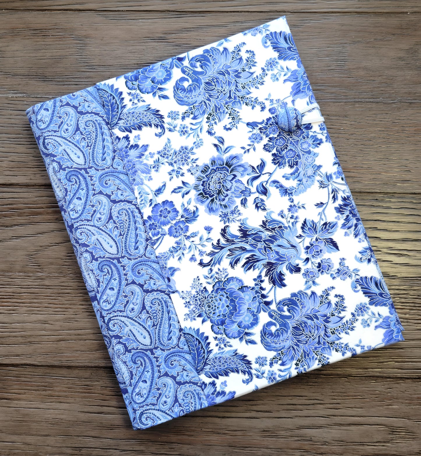 Fabric Covered Hardcover Reusable Notebook Composition Book Cover - Delft Blue, White and Silver Paisley - Chic Brico