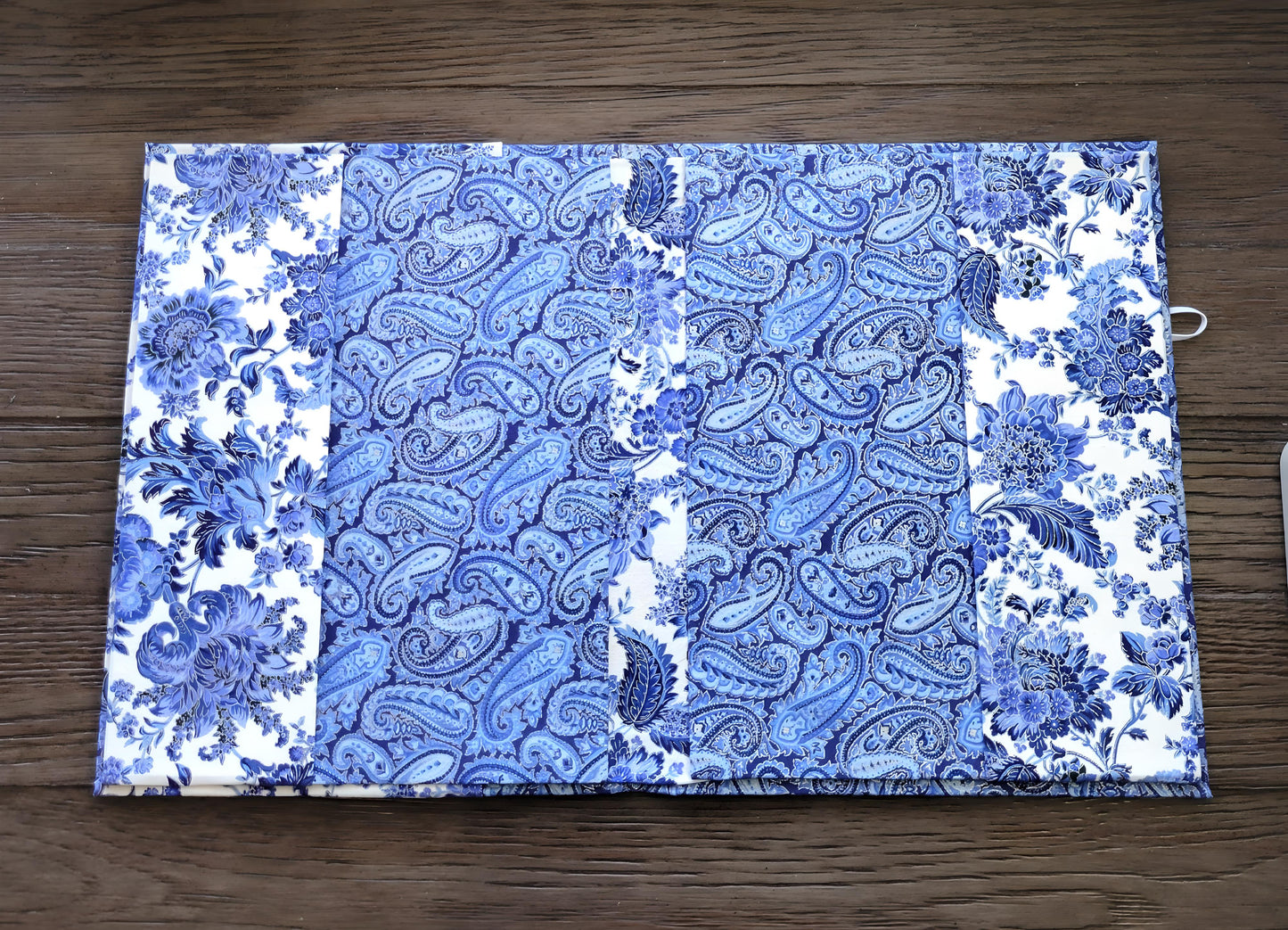 Fabric Covered Hardcover Reusable Notebook Composition Book Cover - Delft Blue, White and Silver Paisley - Chic Brico