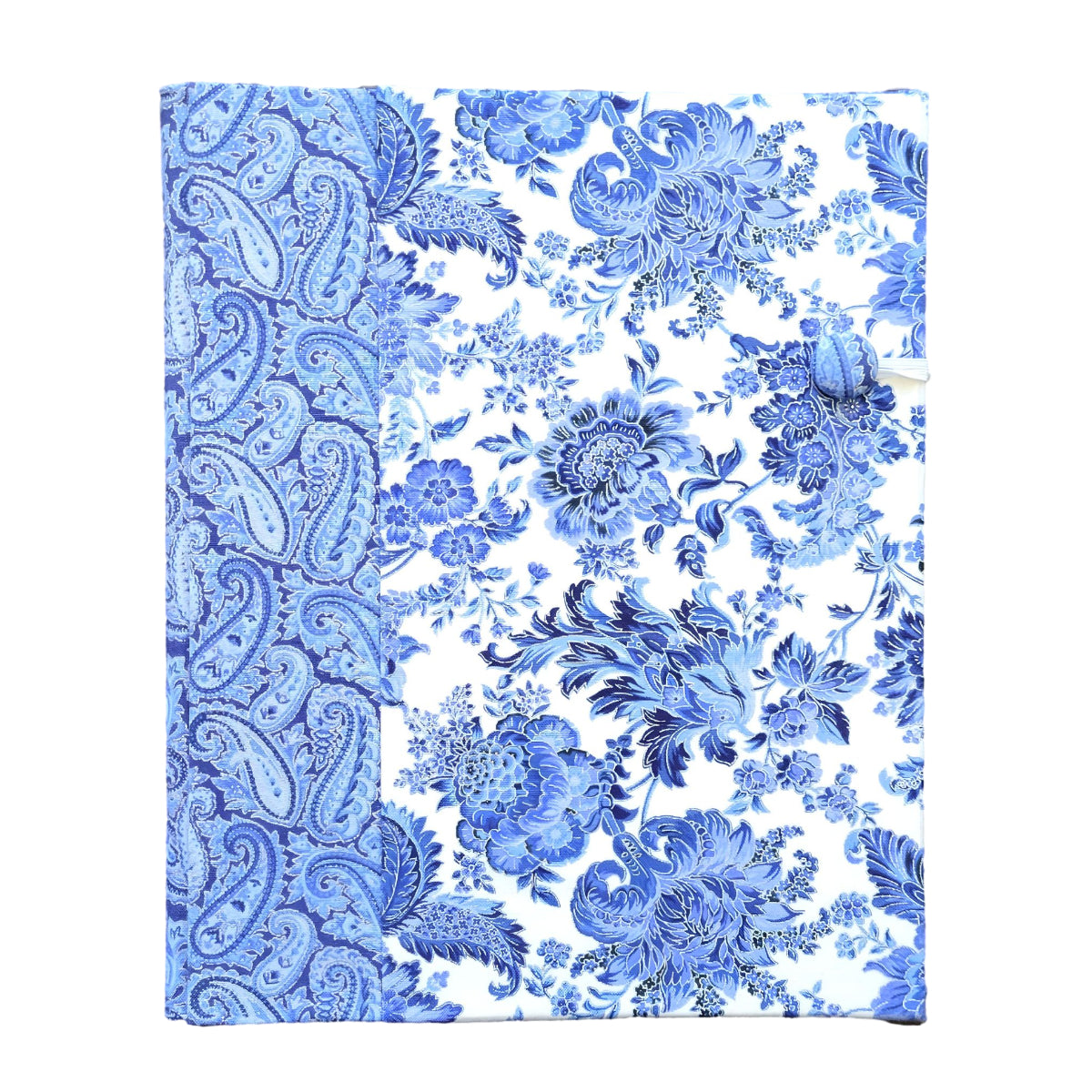 Fabric Covered Hardcover Reusable Notebook Composition Book Cover - Delft Blue, White and Silver Paisley - Chic Brico