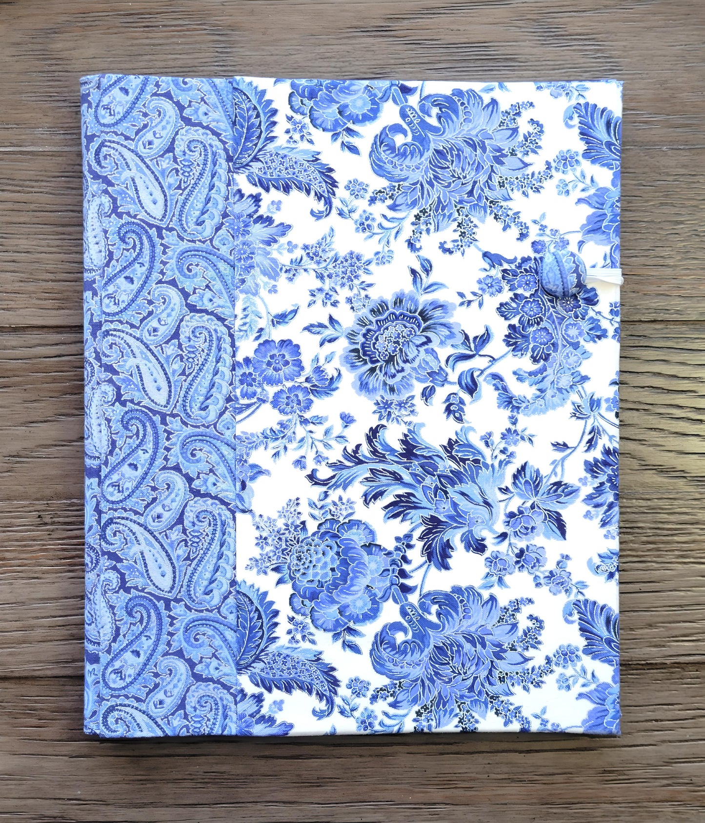 Fabric Covered Hardcover Reusable Notebook Composition Book Cover - Delft Blue, White and Silver Paisley - Chic Brico