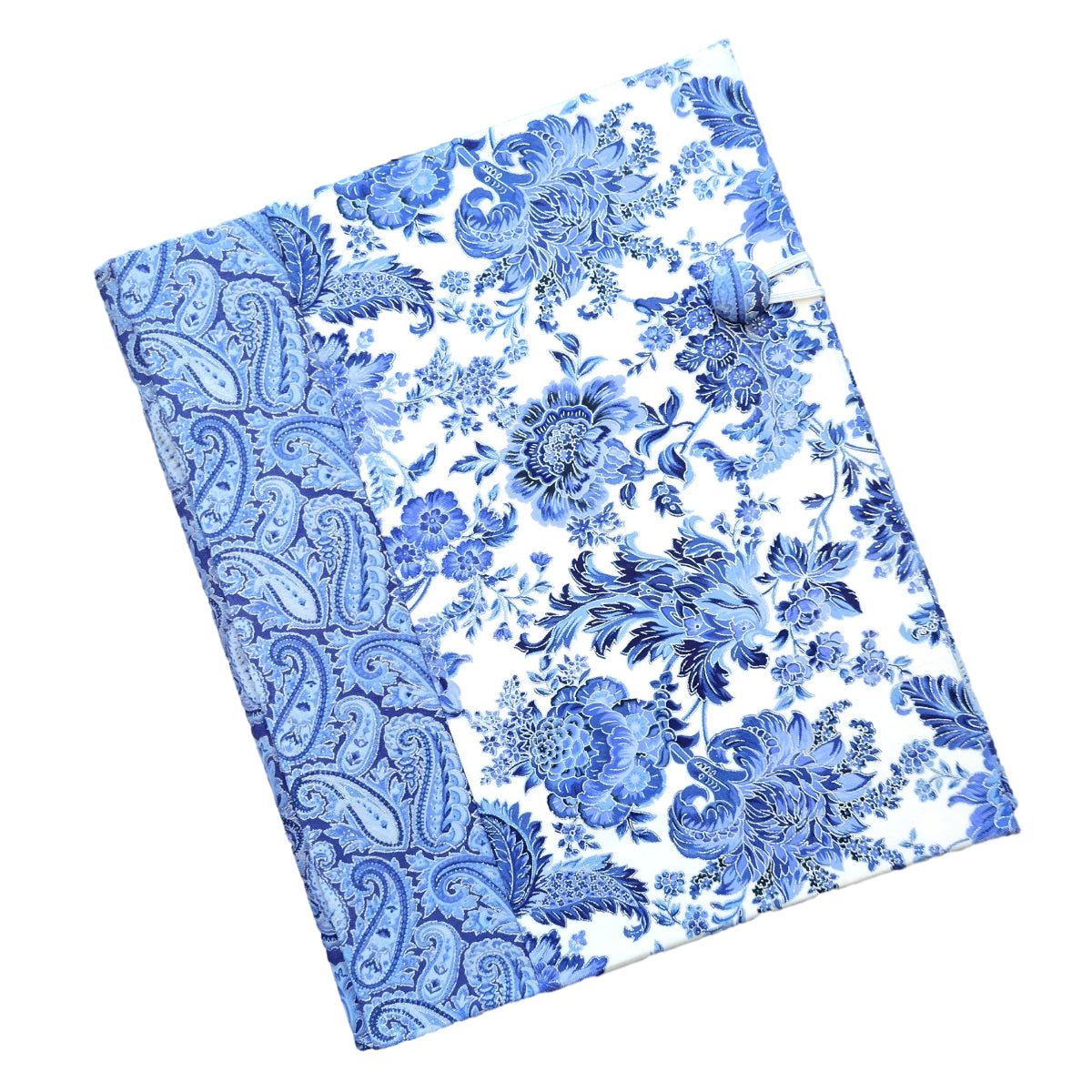 Fabric Covered Hardcover Reusable Notebook Composition Book Cover - Delft Blue, White and Silver Paisley - Chic Brico