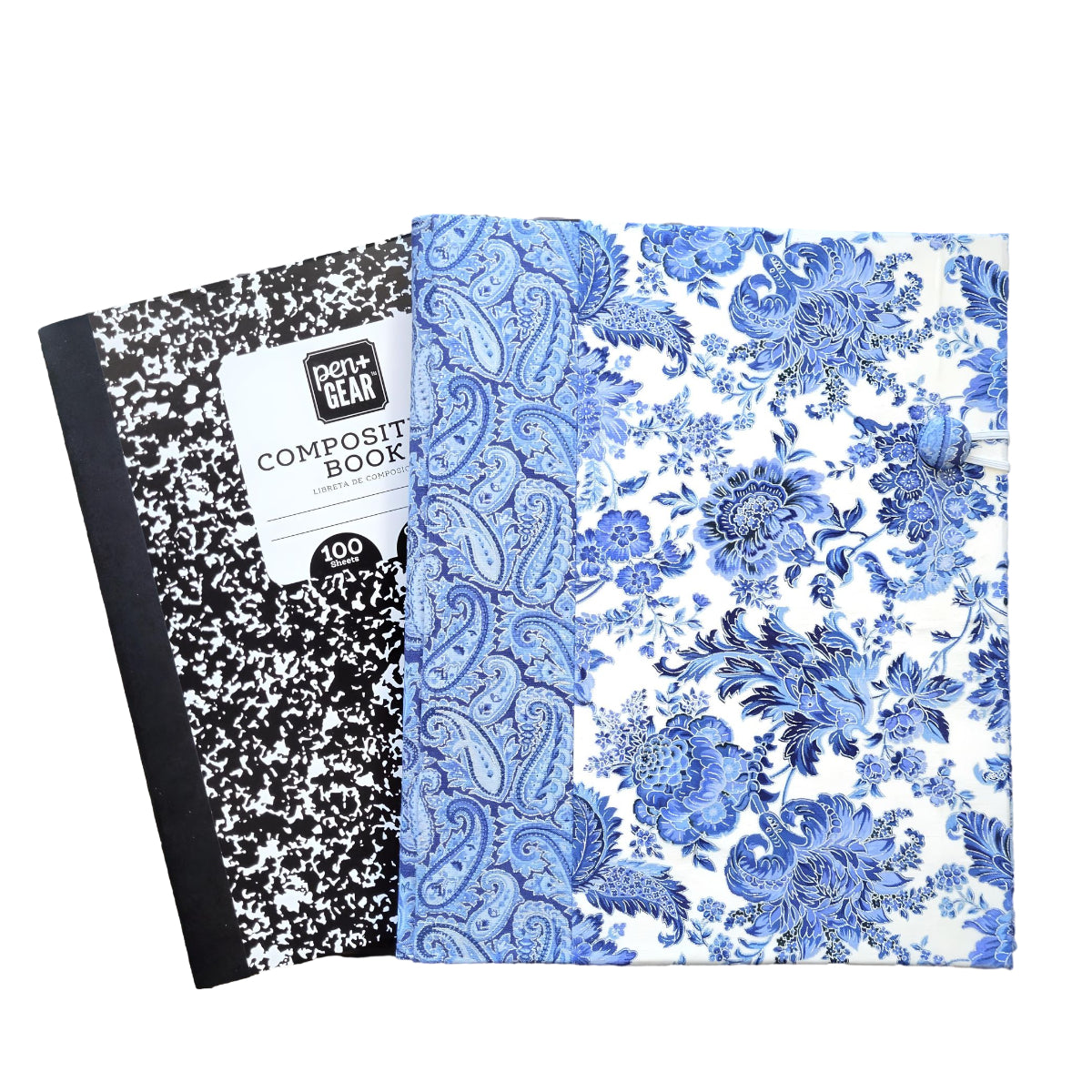 Fabric Covered Hardcover Reusable Notebook Composition Book Cover - Delft Blue, White and Silver Paisley - Chic Brico