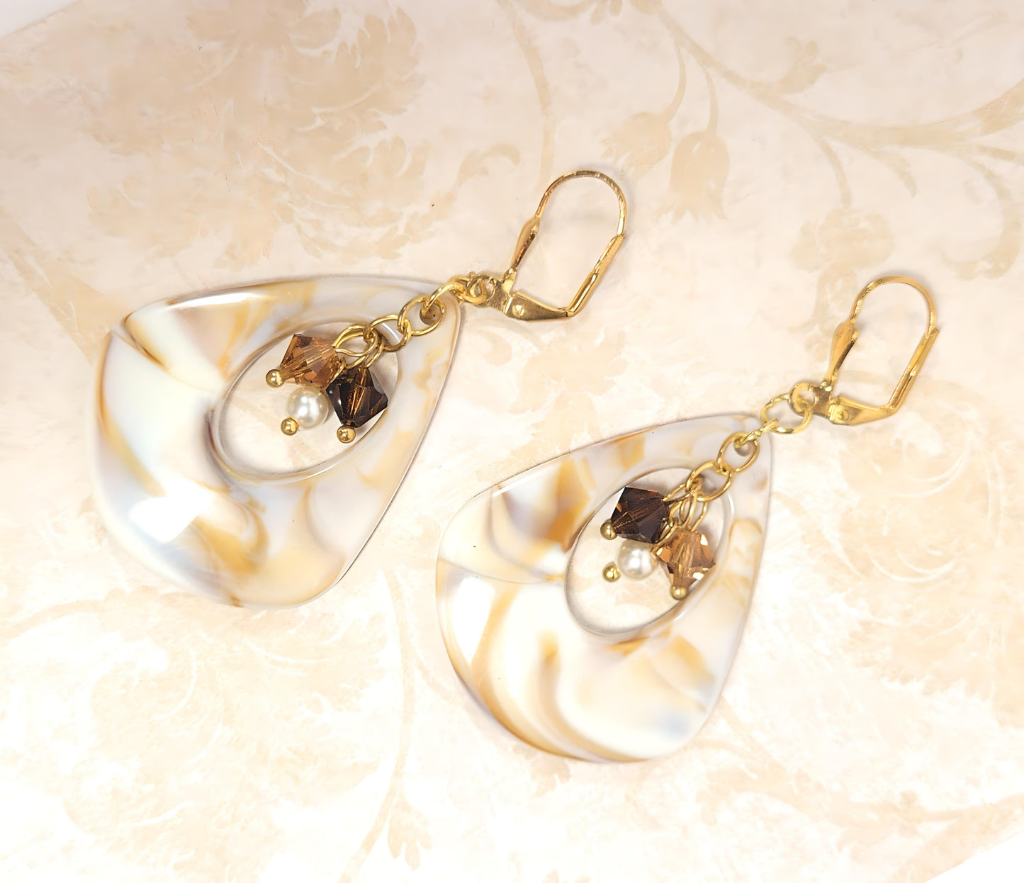 Ivory Shell Swirl Austrian Crystal and Pearl Triangle Teardrop Dangle Earrings - Chic Brico