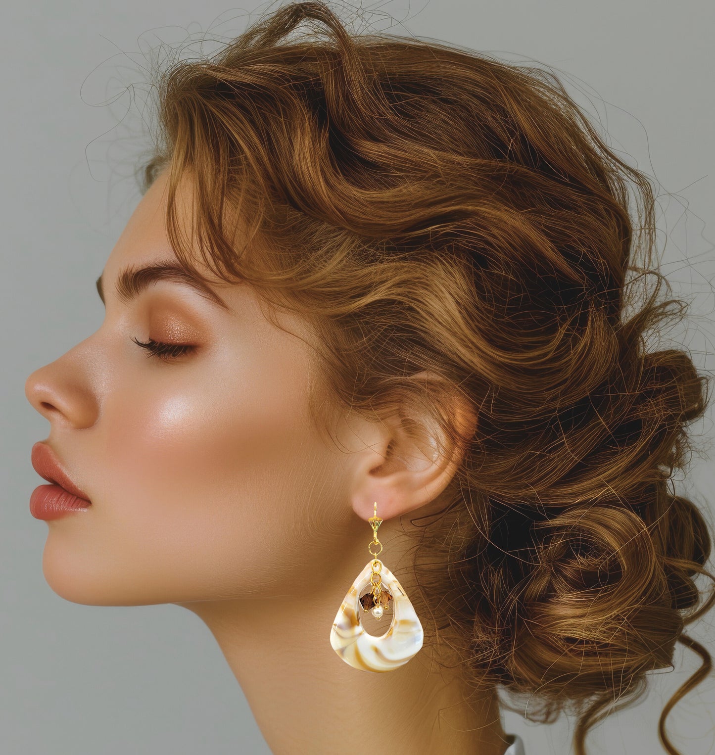 Ivory Shell Swirl Austrian Crystal and Pearl Triangle Teardrop Dangle Earrings - Chic Brico