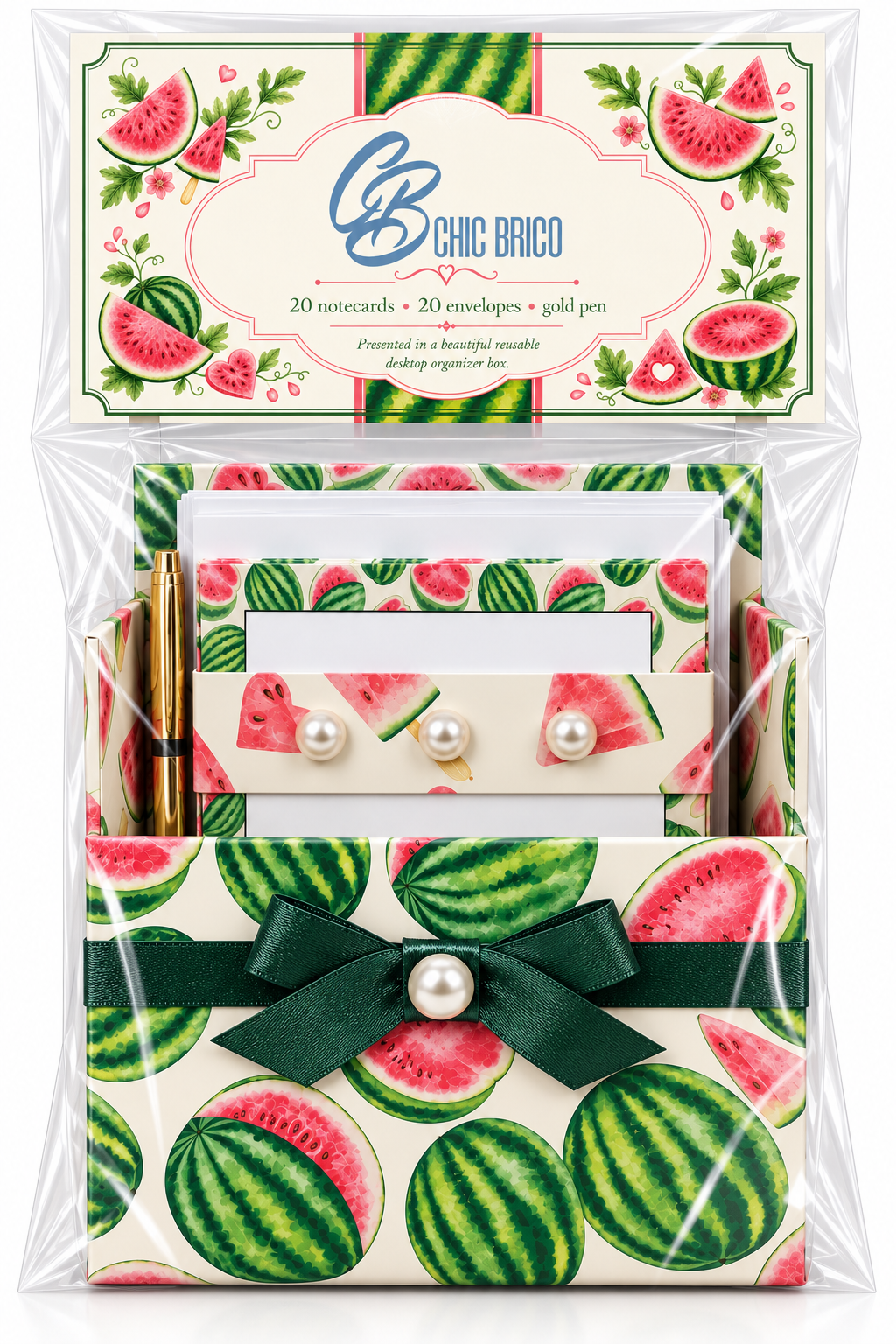 Fresh Red Watermelon Boxed Stationery Set - 20 Notecards, 20 Envelopes & Gold Pen