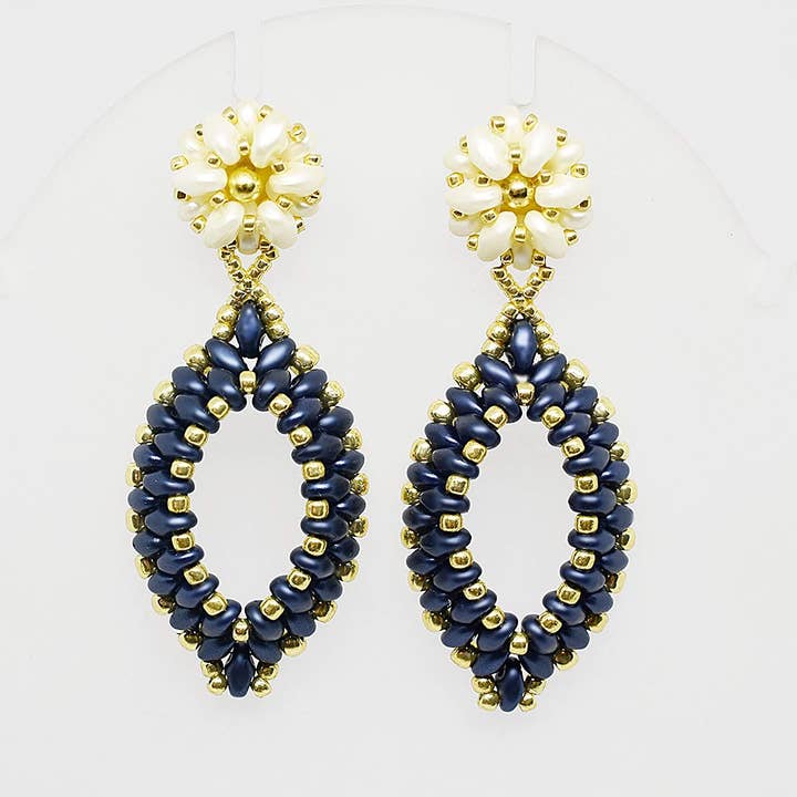 Navy Blue, Ivory and Gold Two-Layer Oval Hoop Drop Earrings
