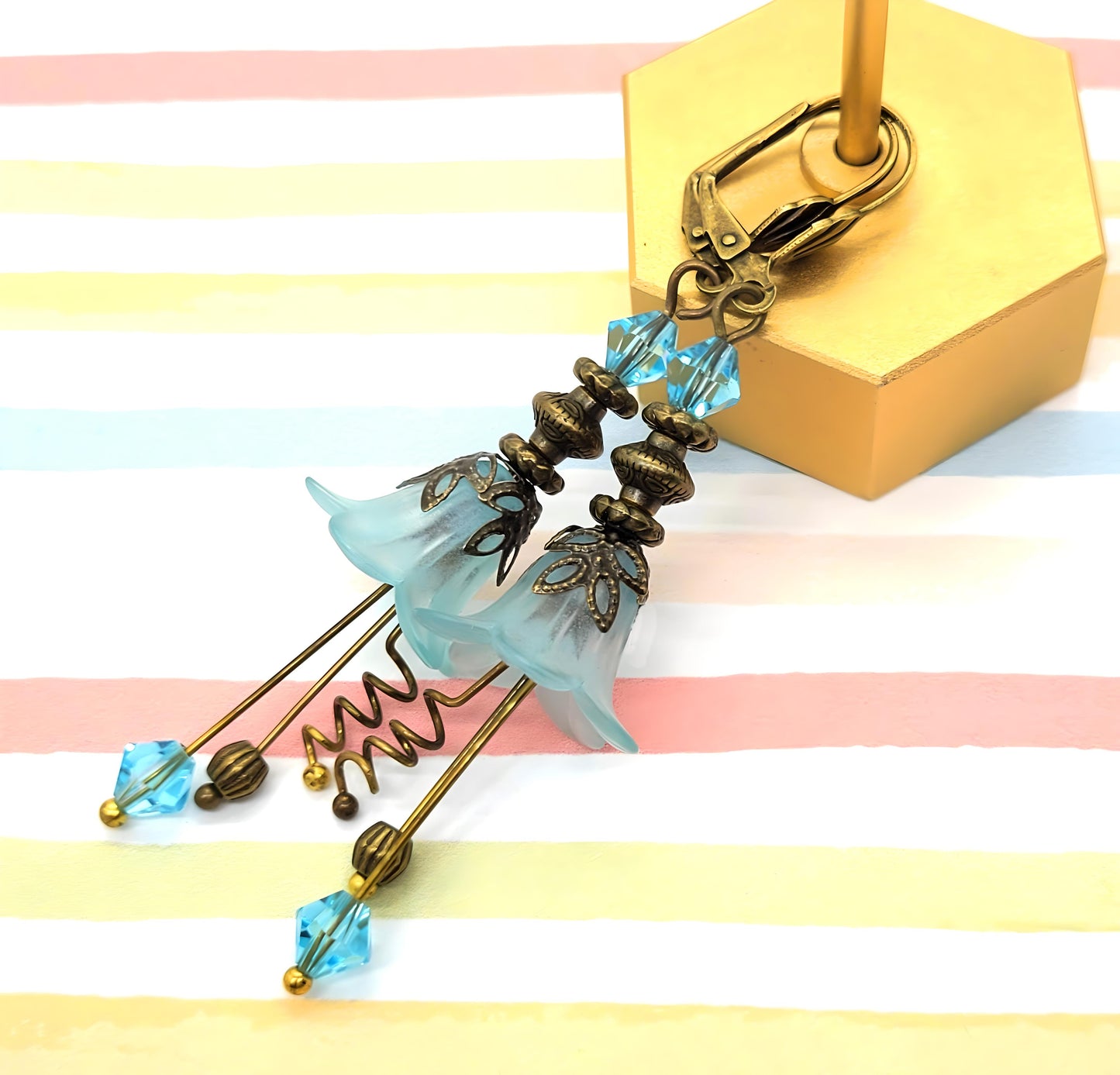 Vintage Victorian Style Aqua Blue and Antique Bronze Bell Flower Lucite Earrings
