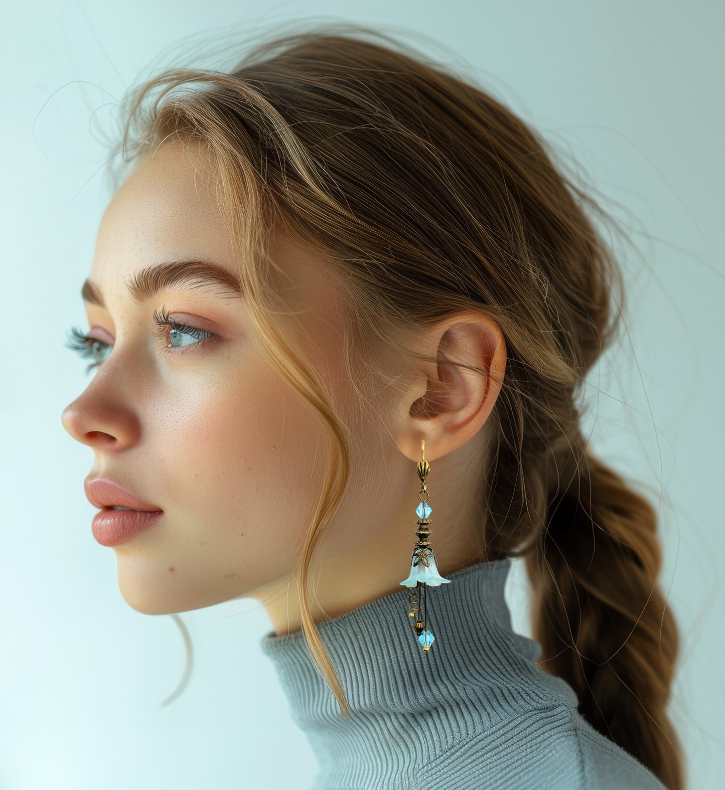 Vintage Victorian Style Aqua Blue and Antique Bronze Bell Flower Lucite Earrings