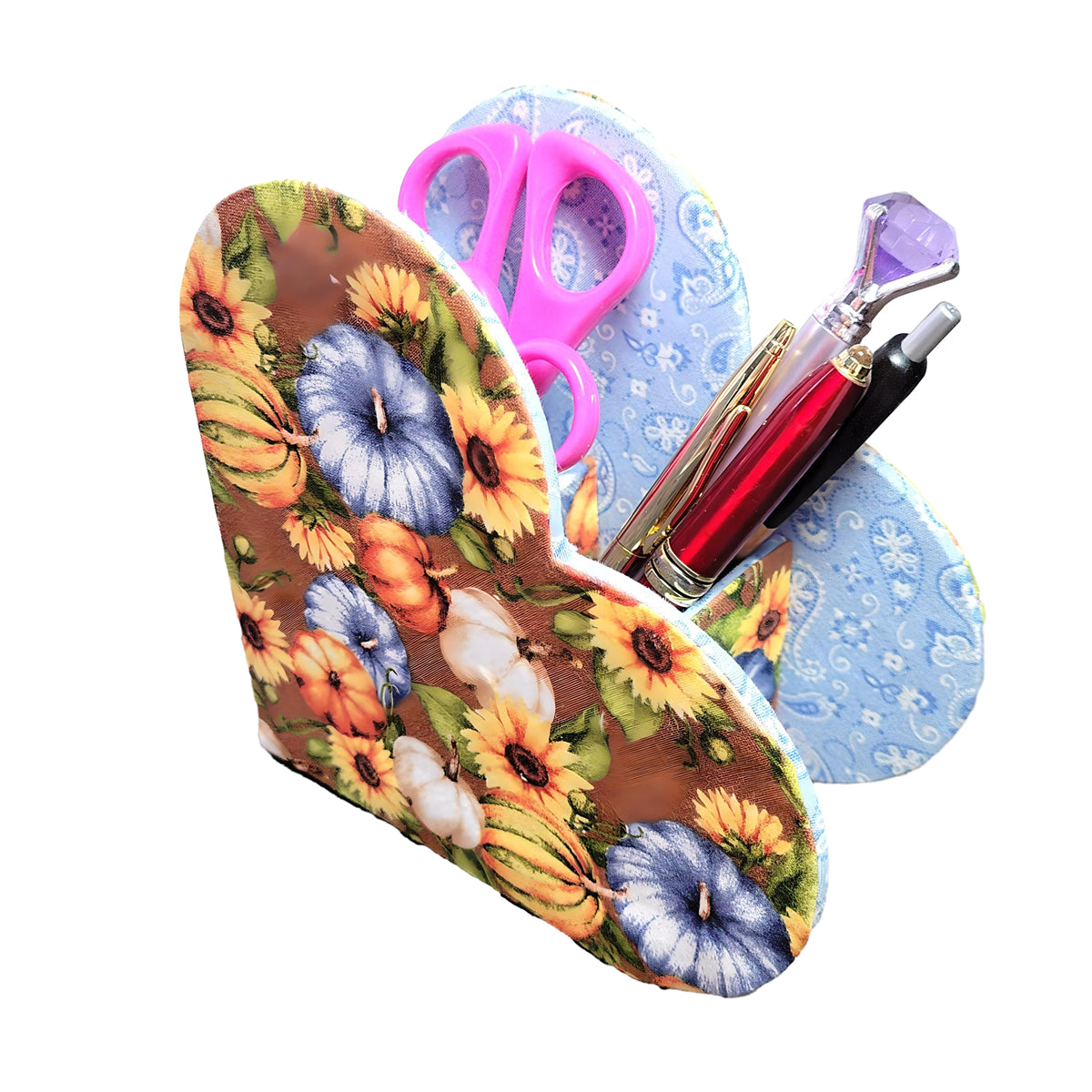 Desktop Organizer, Heart-Shaped, 100% Cotton Fabric, Fall Autumn Theme, Pumpkins and Leaves - Chic Brico