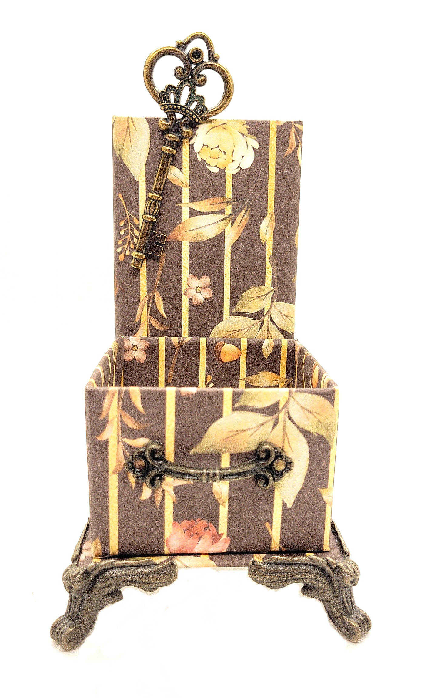 Office Desktop Organizer for Him for Pens and Clips w/Antique Key Accent - Autumn Trellis Leaves - Chic Brico