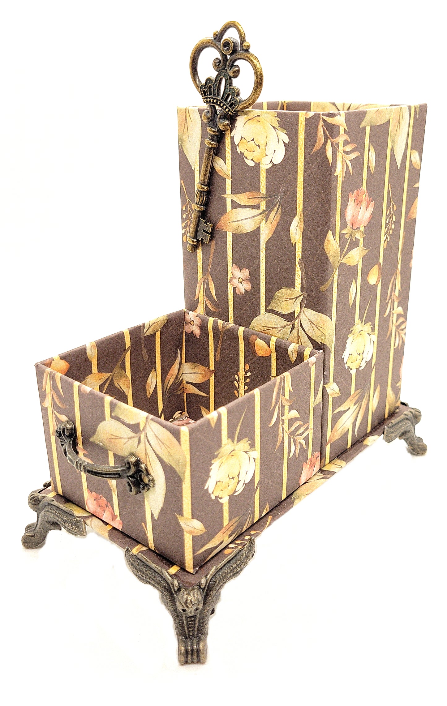 Office Desktop Organizer for Him for Pens and Clips w/Antique Key Accent - Autumn Trellis Leaves - Chic Brico