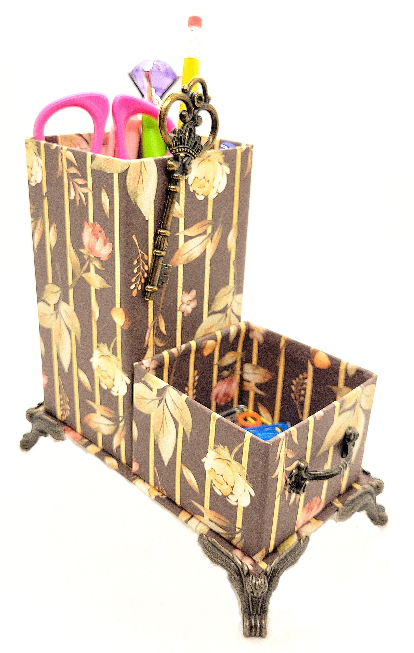 Office Desktop Organizer for Him for Pens and Clips w/Antique Key Accent - Autumn Trellis Leaves - Chic Brico