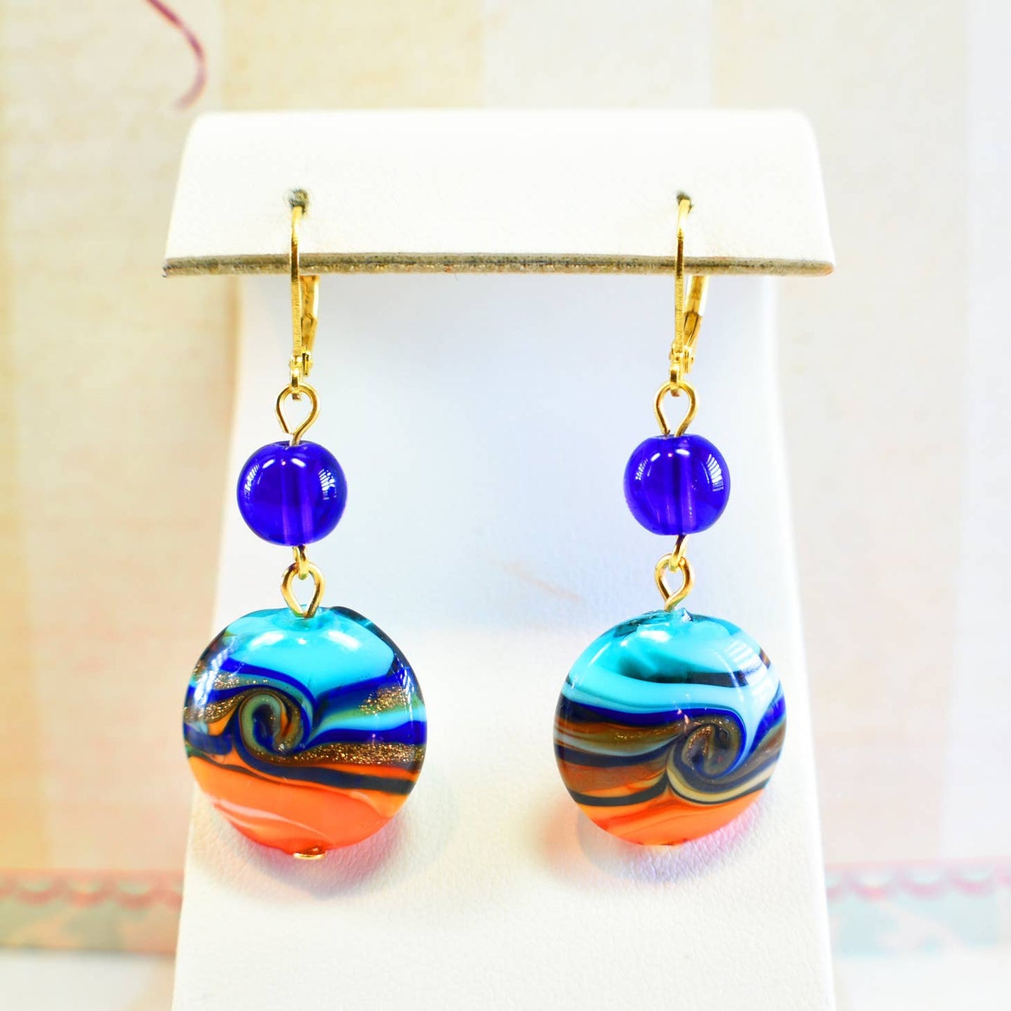 Royal Blue, Aqua, Orange and Gold Swirl Circle Dangle Earrings - Chic Brico