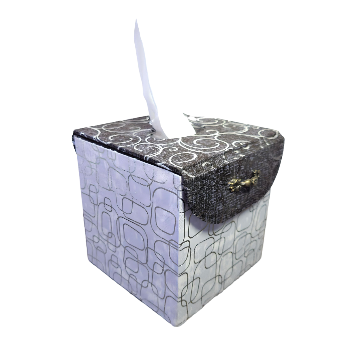 Fabric Covered Tissue Box Holder, Elegant Home, Bath or Bedroom Decor, Metallic Black and Silver Swirls - Chic Brico