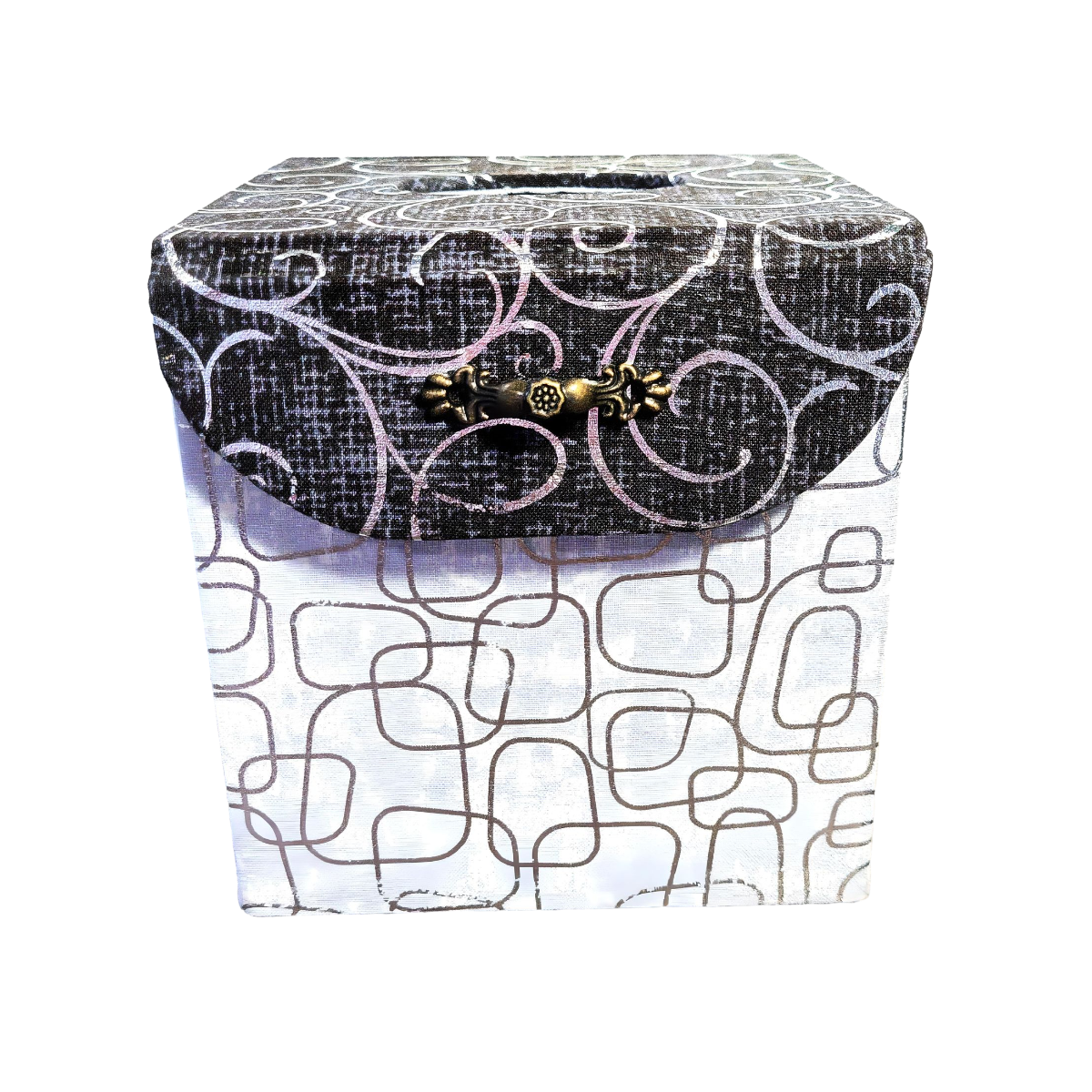 Fabric Covered Tissue Box Holder, Elegant Home, Bath or Bedroom Decor, Metallic Black and Silver Swirls - Chic Brico