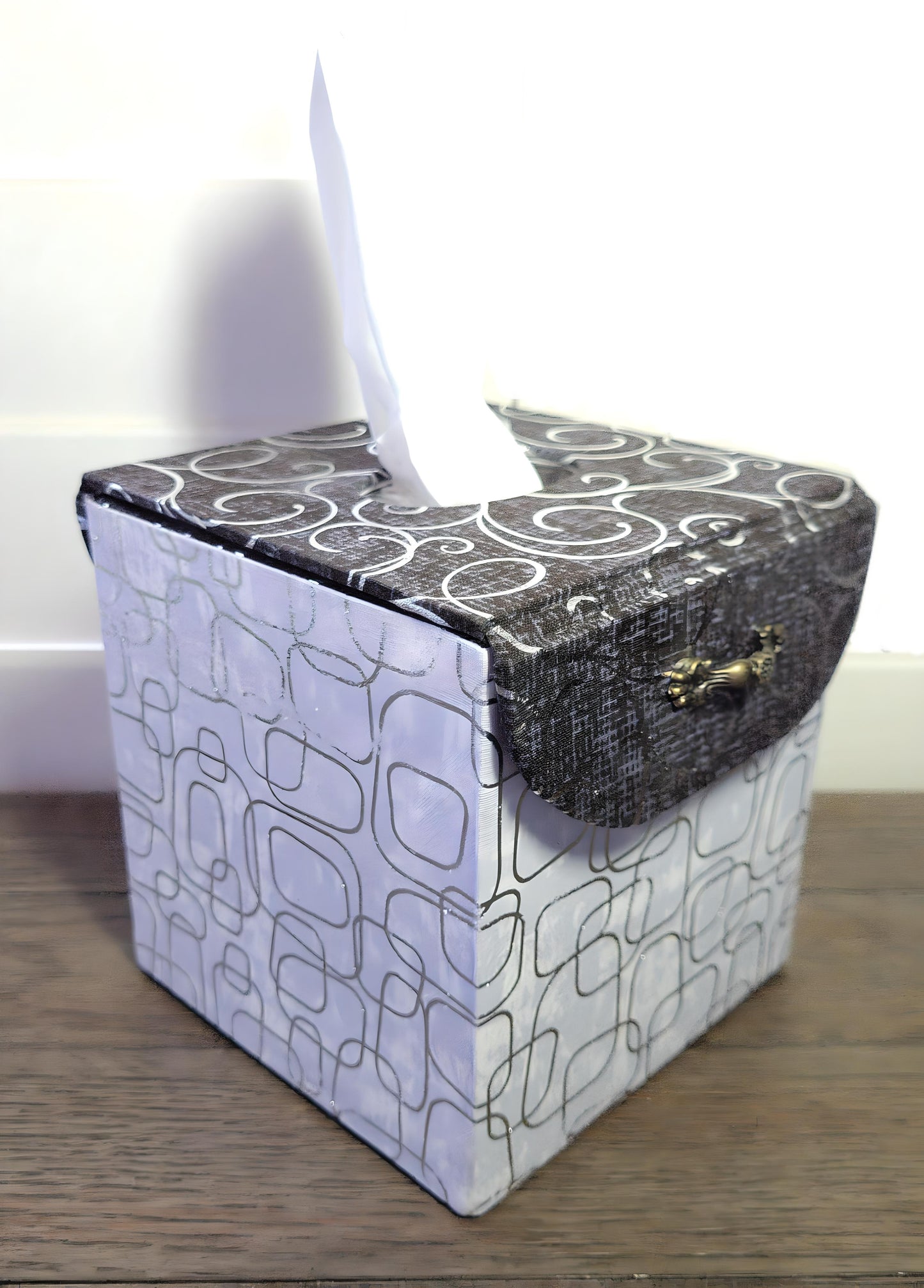 Fabric Covered Tissue Box Holder, Elegant Home, Bath or Bedroom Decor, Metallic Black and Silver Swirls - Chic Brico