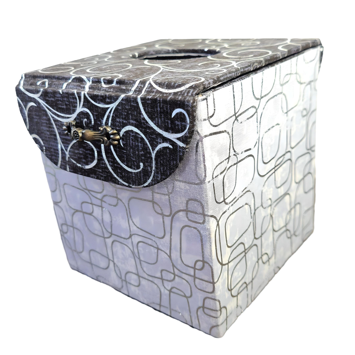 Fabric Covered Tissue Box Holder, Elegant Home, Bath or Bedroom Decor, Metallic Black and Silver Swirls - Chic Brico