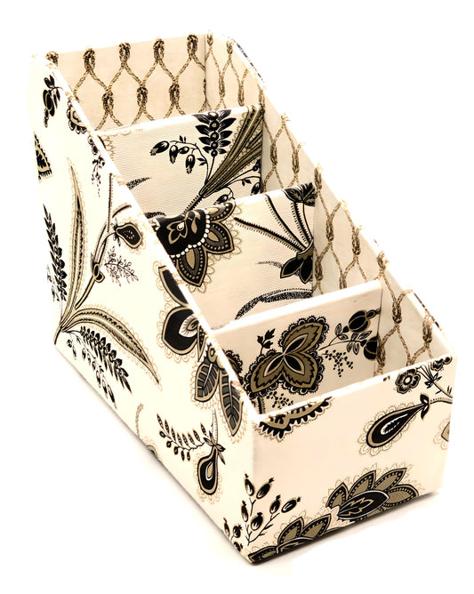 Fabric-Covered Divided Storage Tiered Organizer Box for Desktop or Tabletop - Boho Tropical Flowers on Ivory - Chic Brico