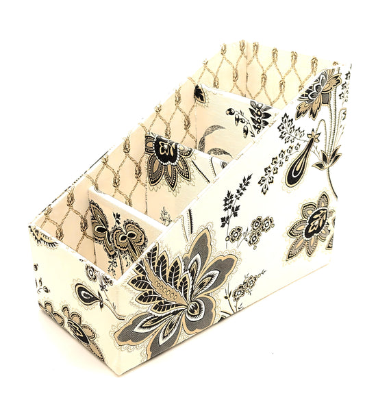 Fabric-Covered Divided Storage Tiered Organizer Box for Desktop or Tabletop - Boho Tropical Flowers on Ivory - Chic Brico