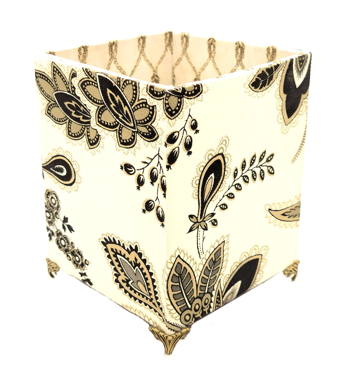 Fabric-Covered Pen Pencil Cosmetics Brushes Holder, Desktop Organizer, Black and Gray Florals on Ivory - Chic Brico