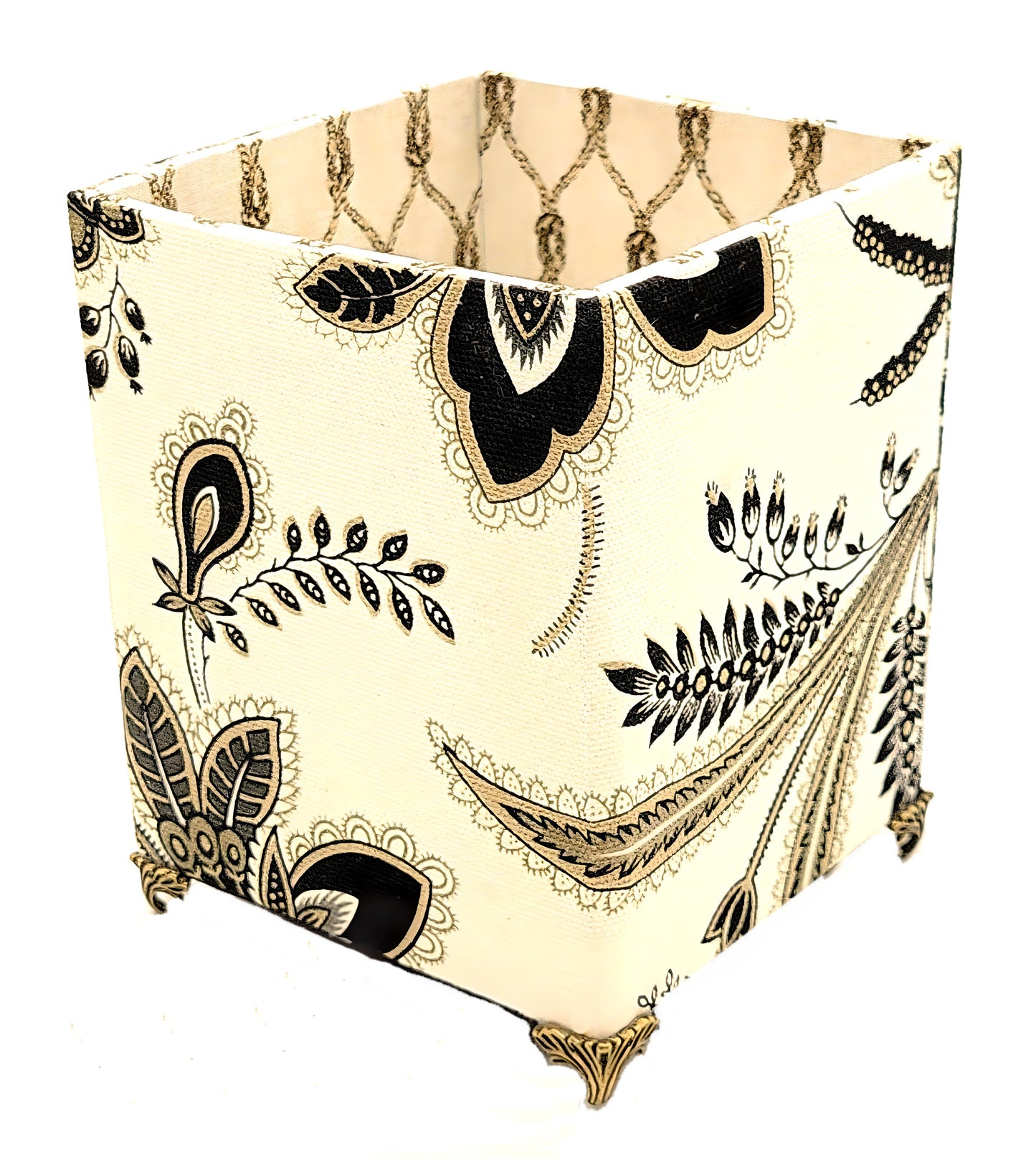 Fabric-Covered Pen Pencil Cosmetics Brushes Holder, Desktop Organizer, Black and Gray Florals on Ivory - Chic Brico
