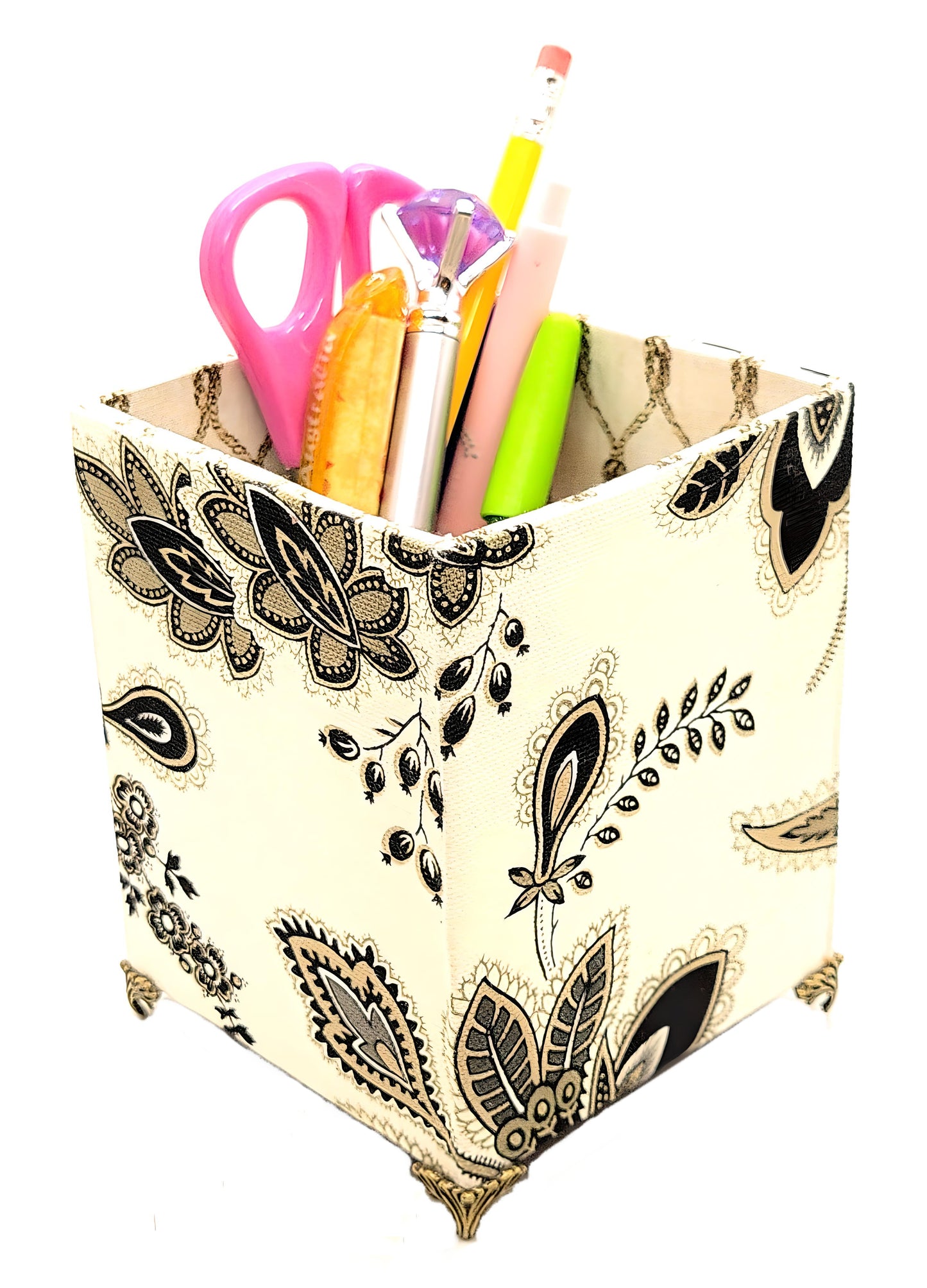 Fabric-Covered Pen Pencil Cosmetics Brushes Holder, Desktop Organizer, Black and Gray Florals on Ivory - Chic Brico
