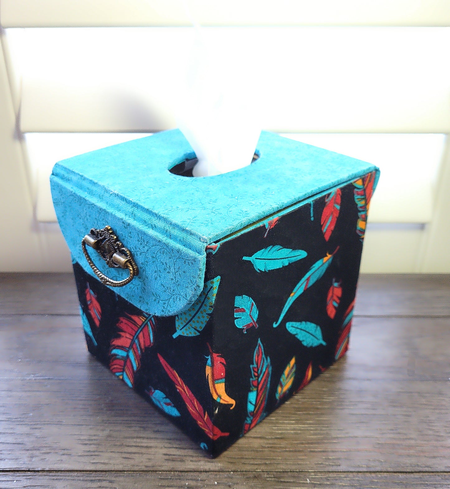 Fabric Covered Tissue Box Holder, Elegant Home, Bath or Bedroom Decor, Native American Feather Print - Chic Brico