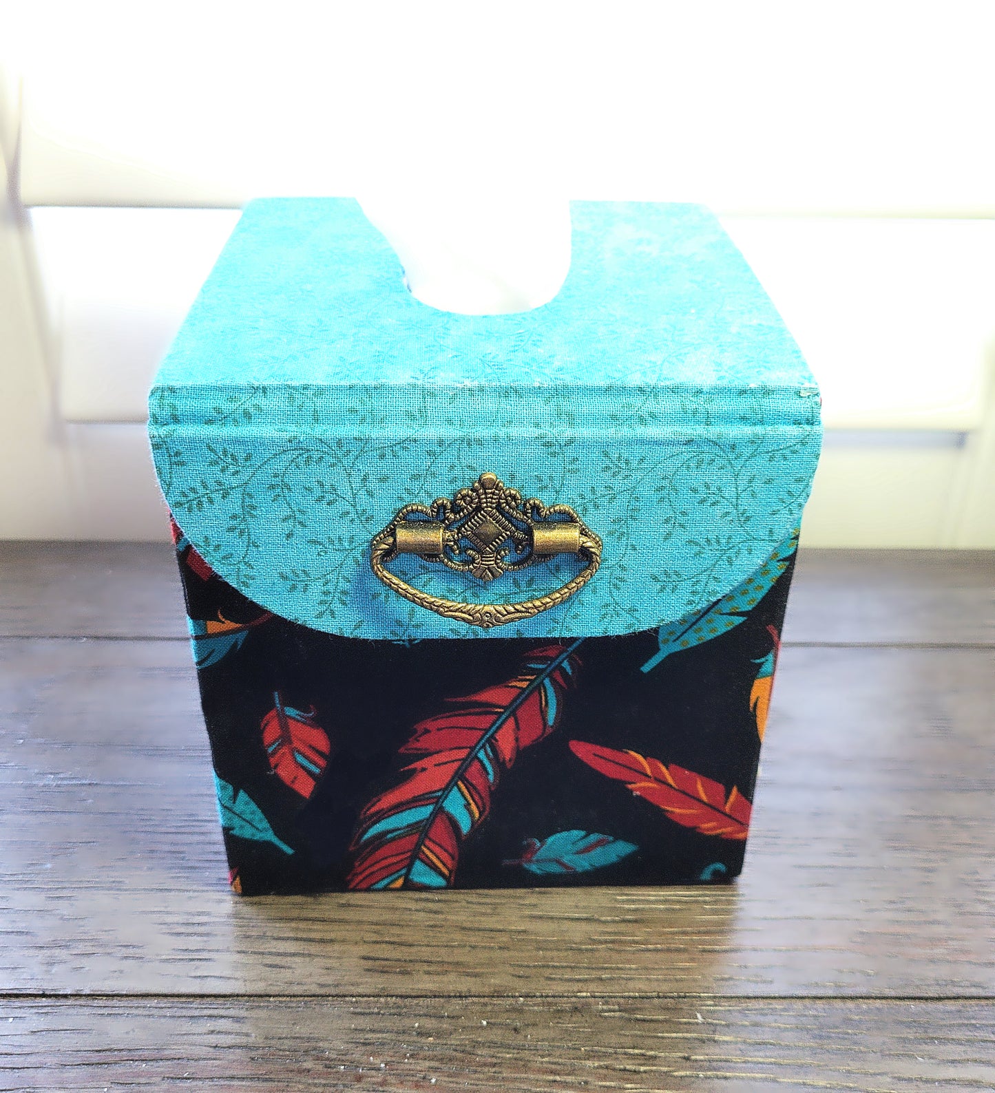 Fabric Covered Tissue Box Holder, Elegant Home, Bath or Bedroom Decor, Native American Feather Print - Chic Brico