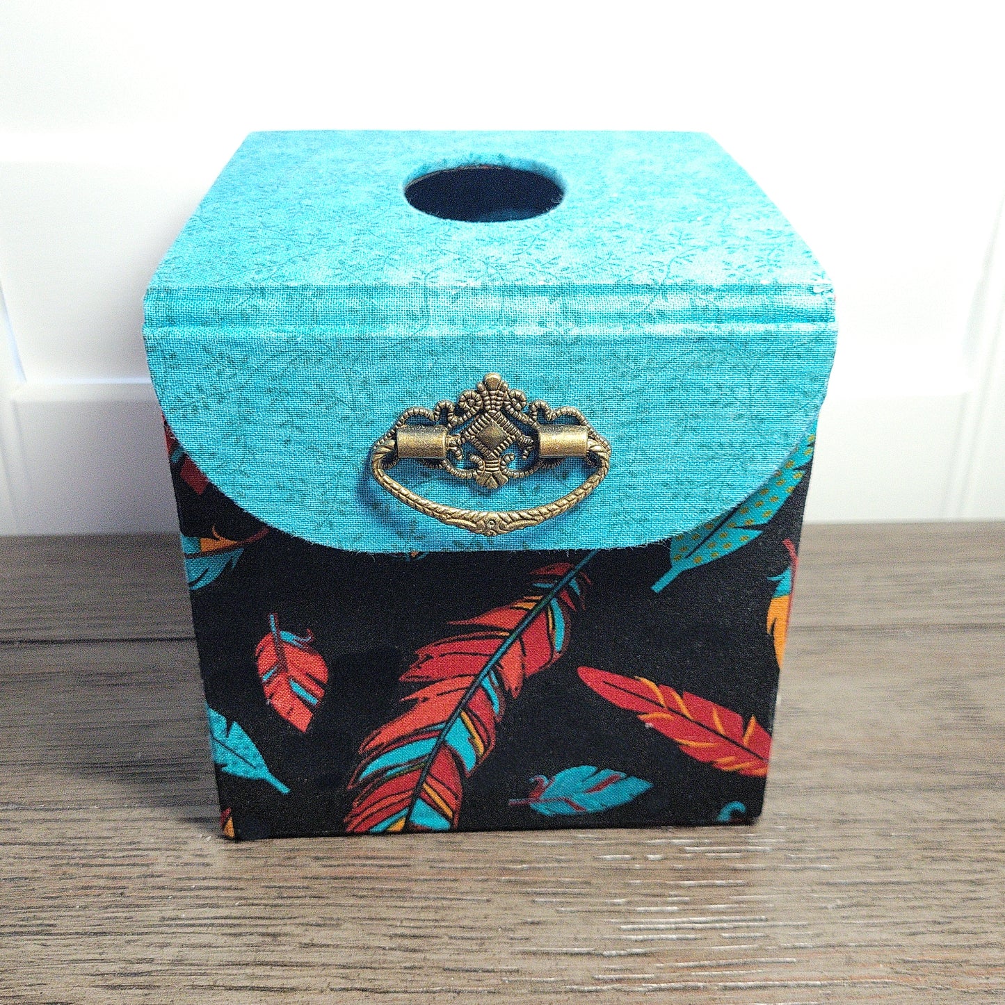 Fabric Covered Tissue Box Holder, Elegant Home, Bath or Bedroom Decor, Native American Feather Print - Chic Brico