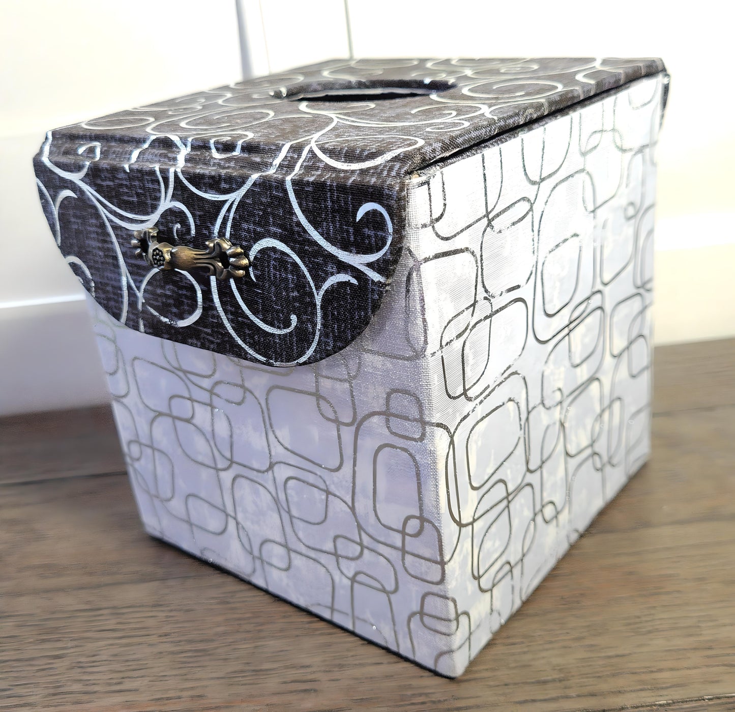 Fabric Covered Tissue Box Holder, Elegant Home, Bath or Bedroom Decor, Metallic Black and Silver Swirls - Chic Brico
