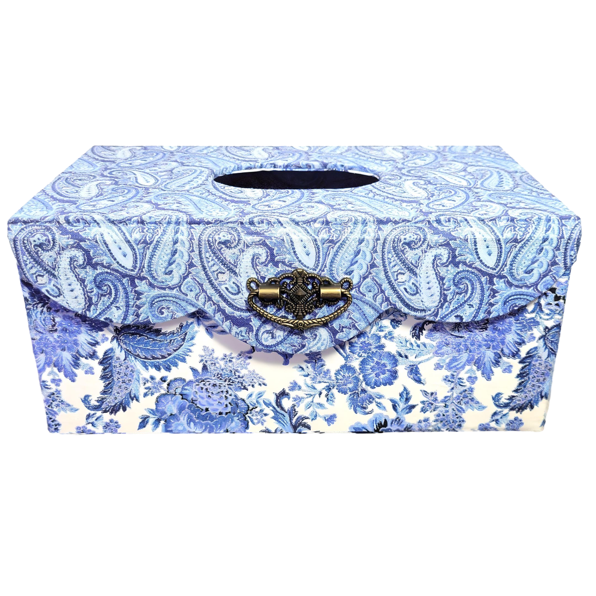 Fabric Covered Rectangle Tissue Box Holder, Elegant Home, Bath or Bedroom Decor, Delft Blue, White and Silver Paisley - Chic Brico