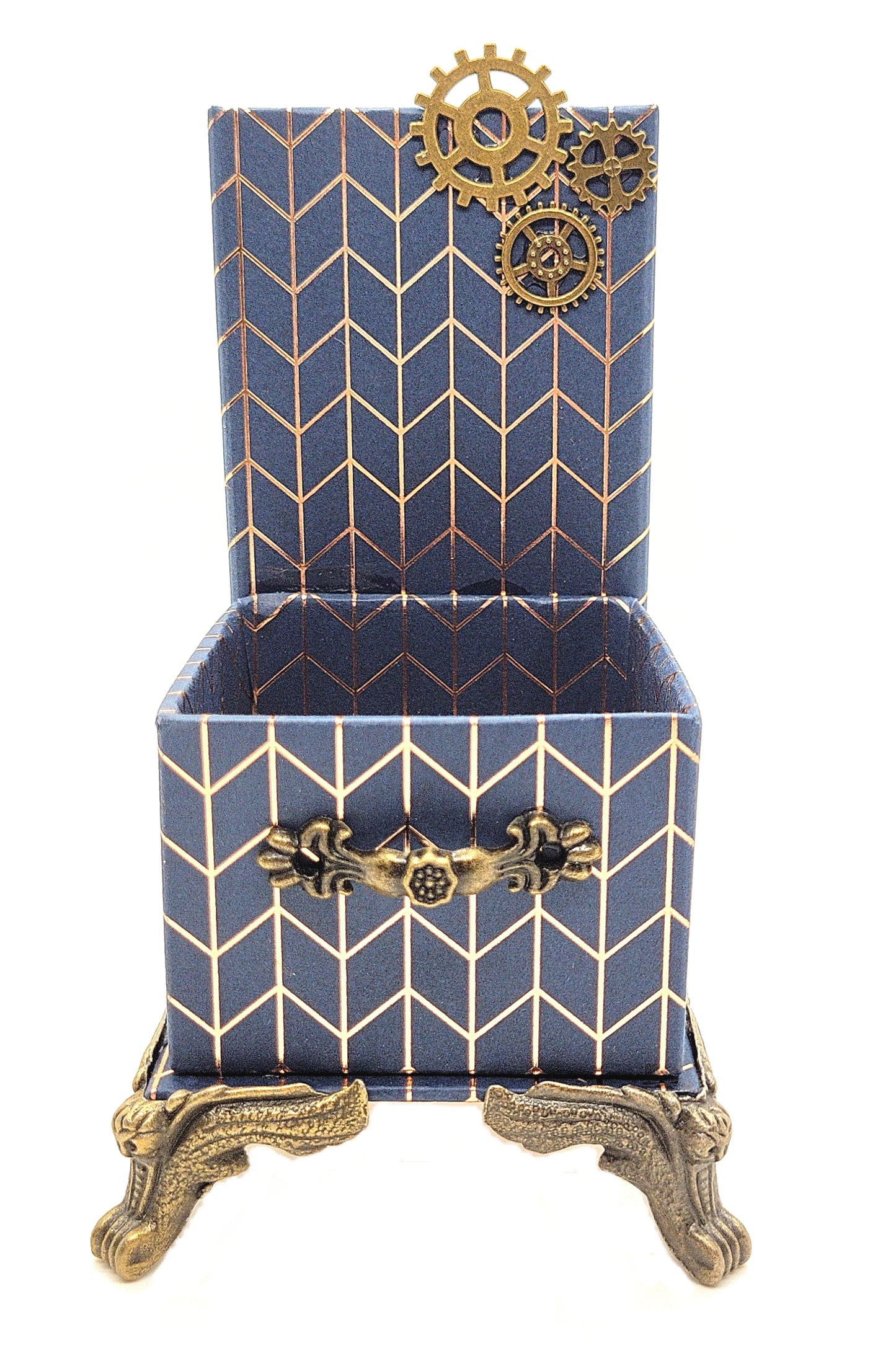 Office Desktop Organizer for Him for Pens and Clips w/Antique Key Accent - Navy Blue and Gold Geometric - Chic Brico
