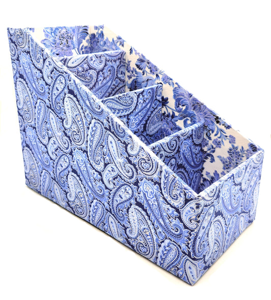Fabric-Covered Divided Storage Tiered Organizer Box for Desktop or Tabletop - Blue, White and Silver Paisley - Chic Brico