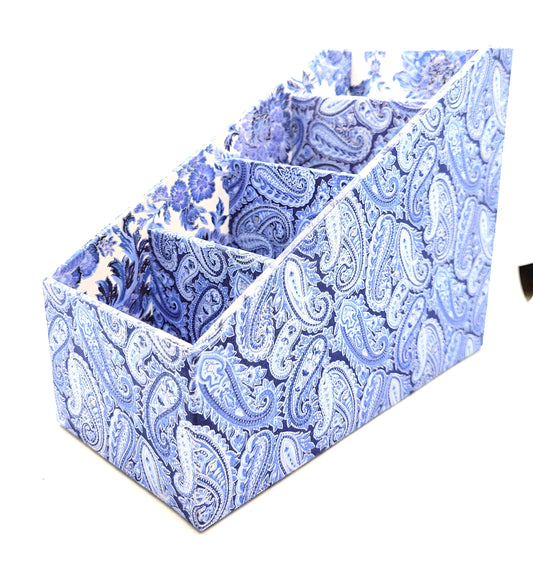 Fabric-Covered Divided Storage Tiered Organizer Box for Desktop or Tabletop - Blue, White and Silver Paisley - Chic Brico