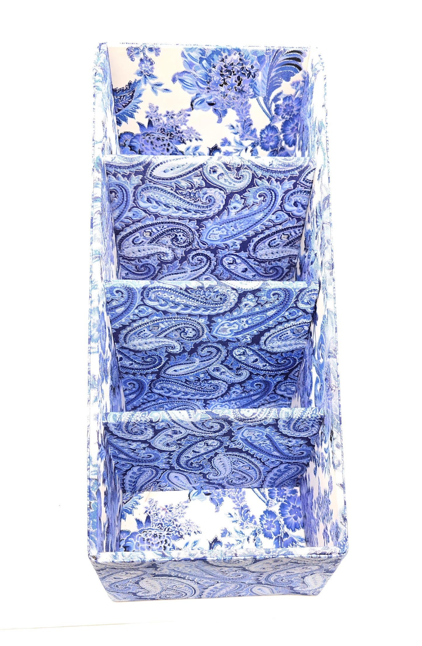Fabric-Covered Divided Storage Tiered Organizer Box for Desktop or Tabletop - Blue, White and Silver Paisley - Chic Brico