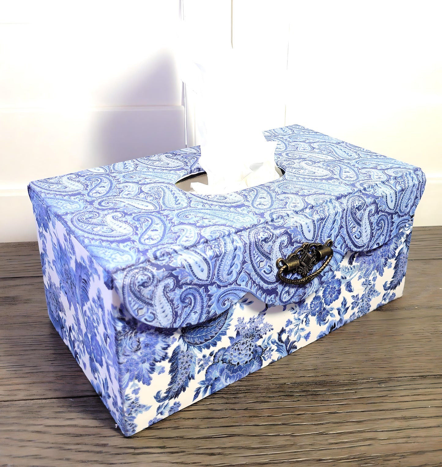 Fabric Covered Rectangle Tissue Box Holder, Elegant Home, Bath or Bedroom Decor, Delft Blue, White and Silver Paisley - Chic Brico