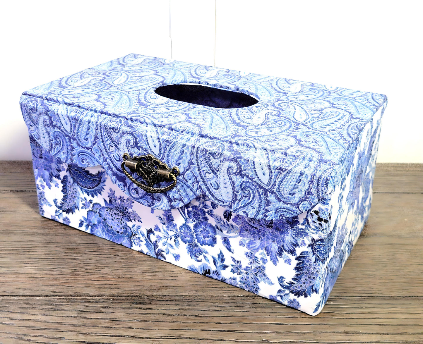 Fabric Covered Rectangle Tissue Box Holder, Elegant Home, Bath or Bedroom Decor, Delft Blue, White and Silver Paisley - Chic Brico